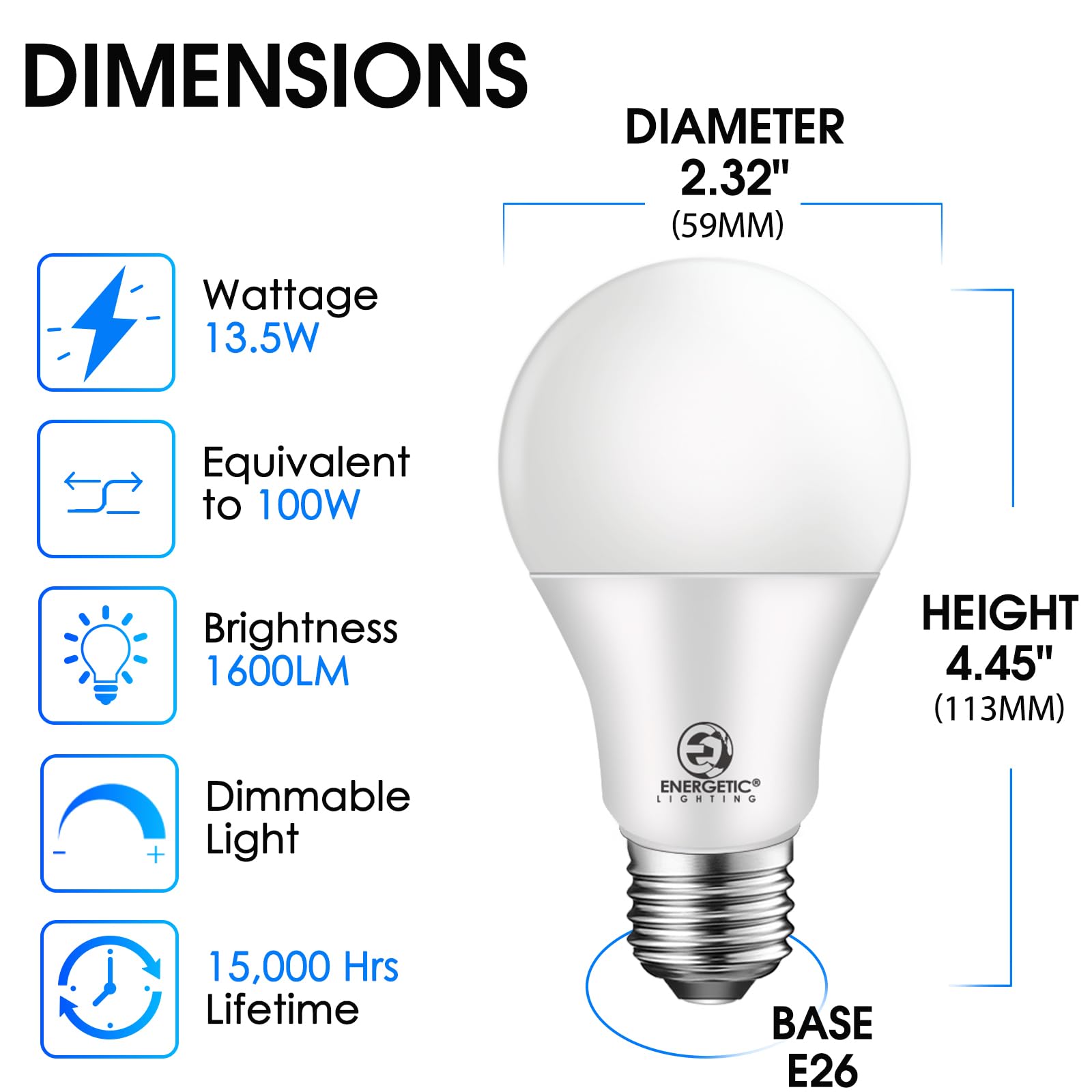 Energetic Led Light Bulbs 100 Watt Equivalent, Warm White 3000K, 1600Lm 13.5W A19 Dimmable Light Bulb, Cri80+, 15000Hrs, 6-Pack,