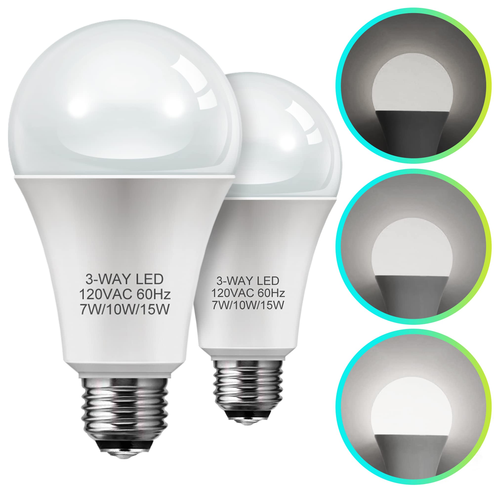 L LOHAS LED 3 Way Light Bulbs, 50/100/150W Equivalent, Daylight White 5000K, A19, E26 Base, 2 Count