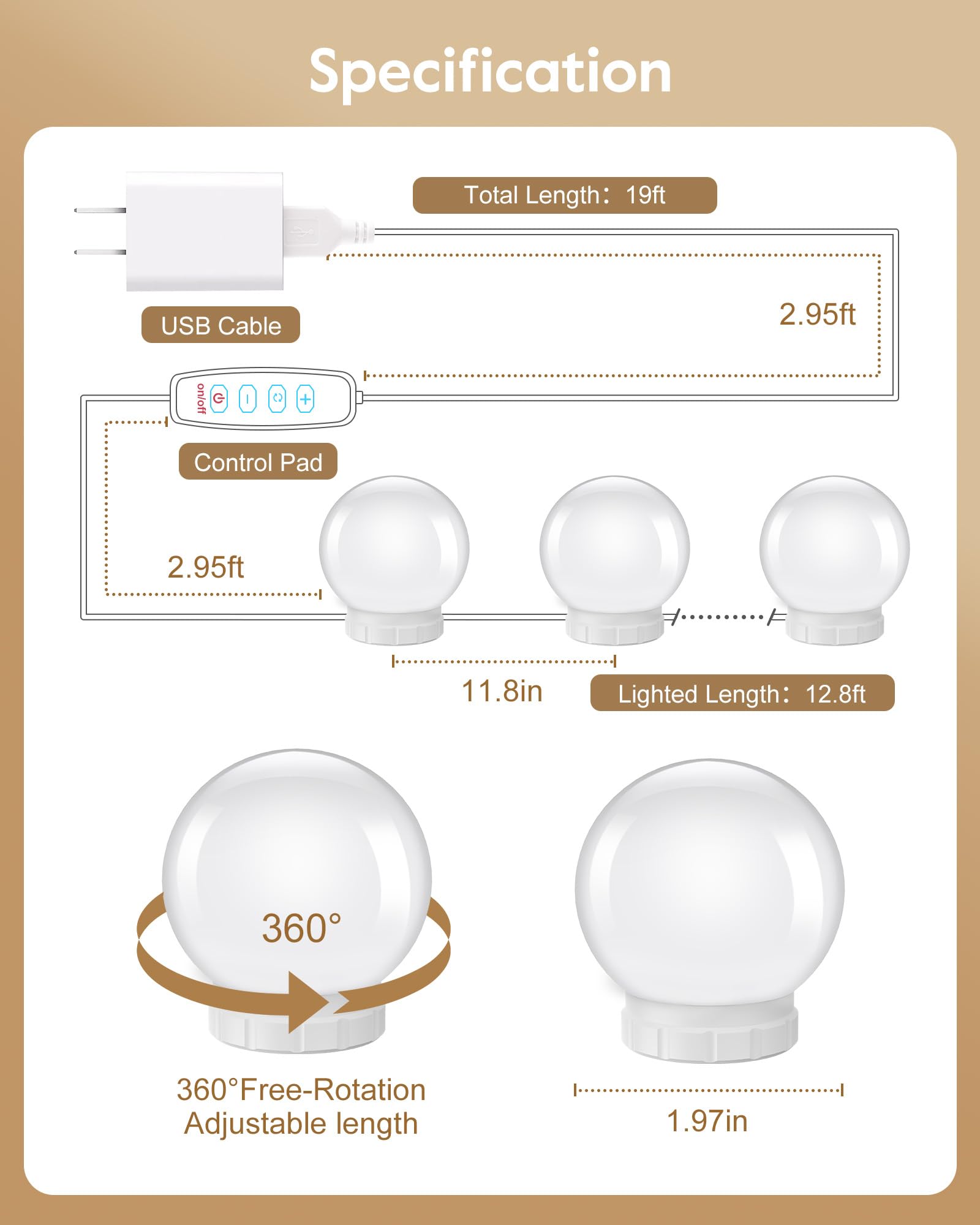 Brightown 14 Bulb Dimmable Hollywood Makeup Mirror Lights, 22Ft Adjustable Vanity Lighting, ABS Material, 3 Colors, Model BT