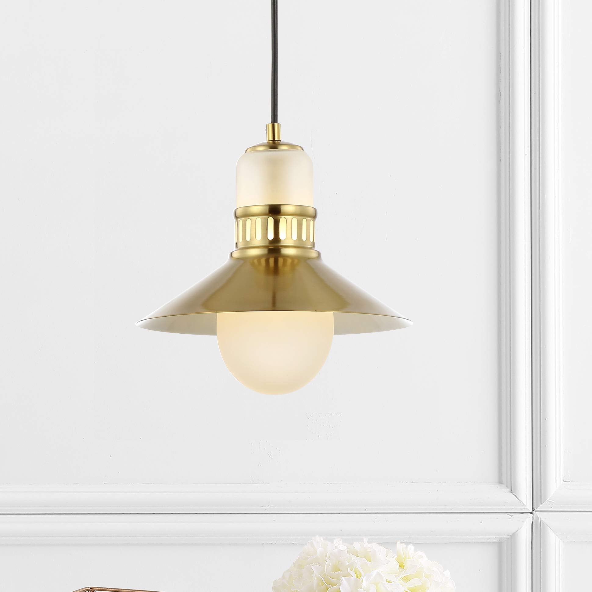 JONATHAN Y Colin 9.75" Adjustable Brass Gold Iron/Glass Pendant Light, Model JYL6120A, Dimmable for Dining Room, Kitchen, Living Room