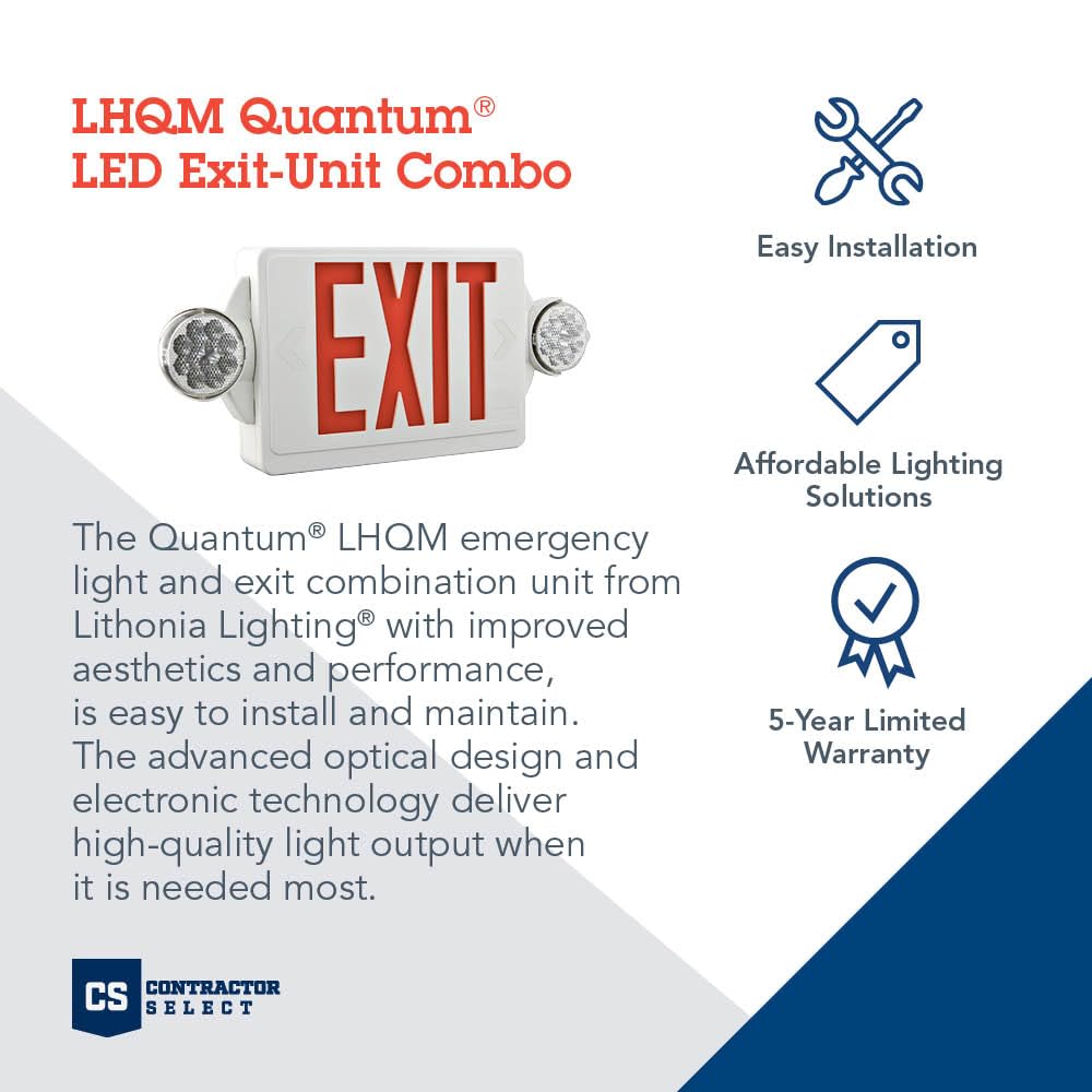 Lithonia Lighting Lhqm Led R M6 Quantum White Led Exit And Emergency Light Combo With Red Letters, 180 Lumens, 120 Volts, 4 Watts,