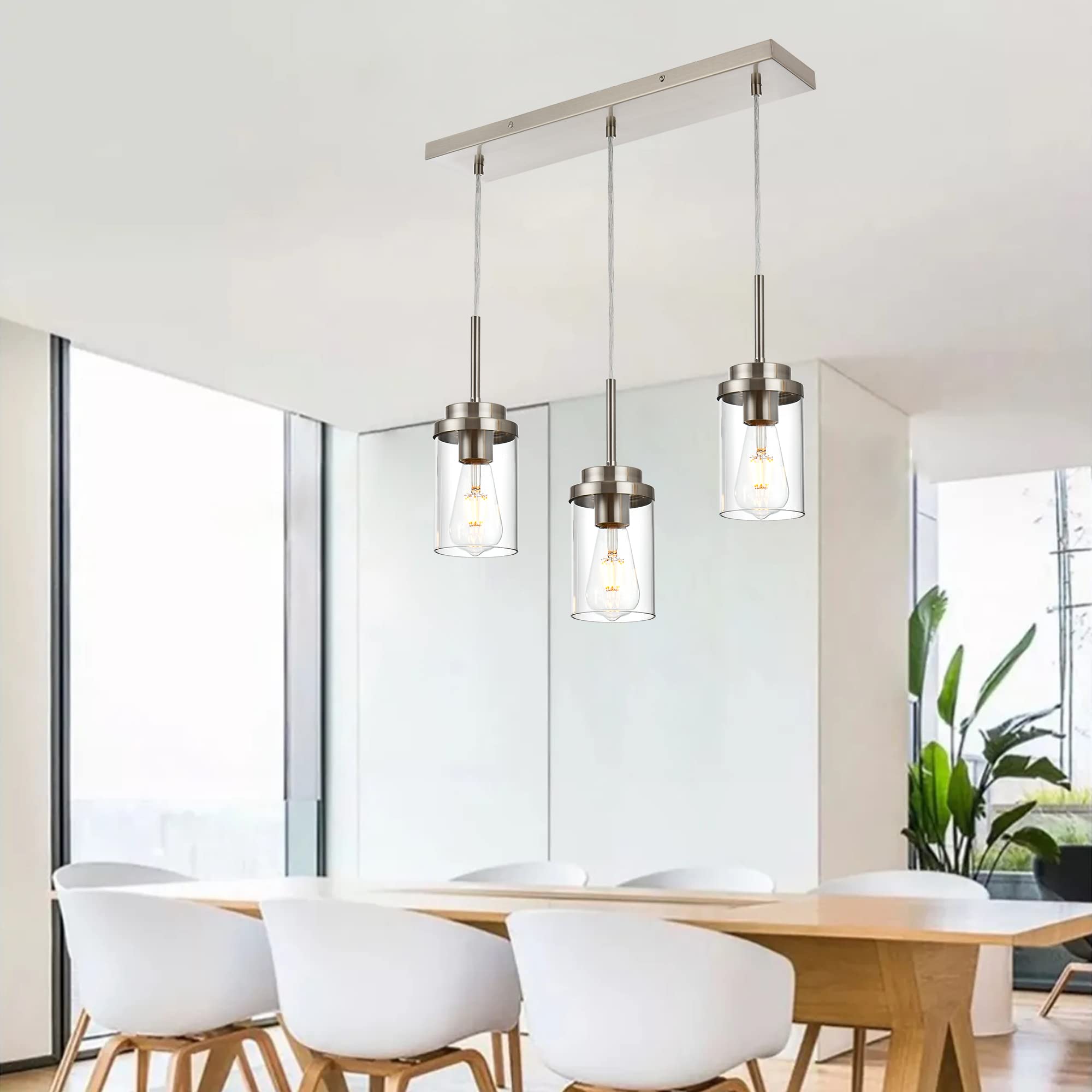 MELUCEE Kitchen Pendant Lighting 3 Lights Brushed Nickel Chandelier 23.6" Clear Glass Shade