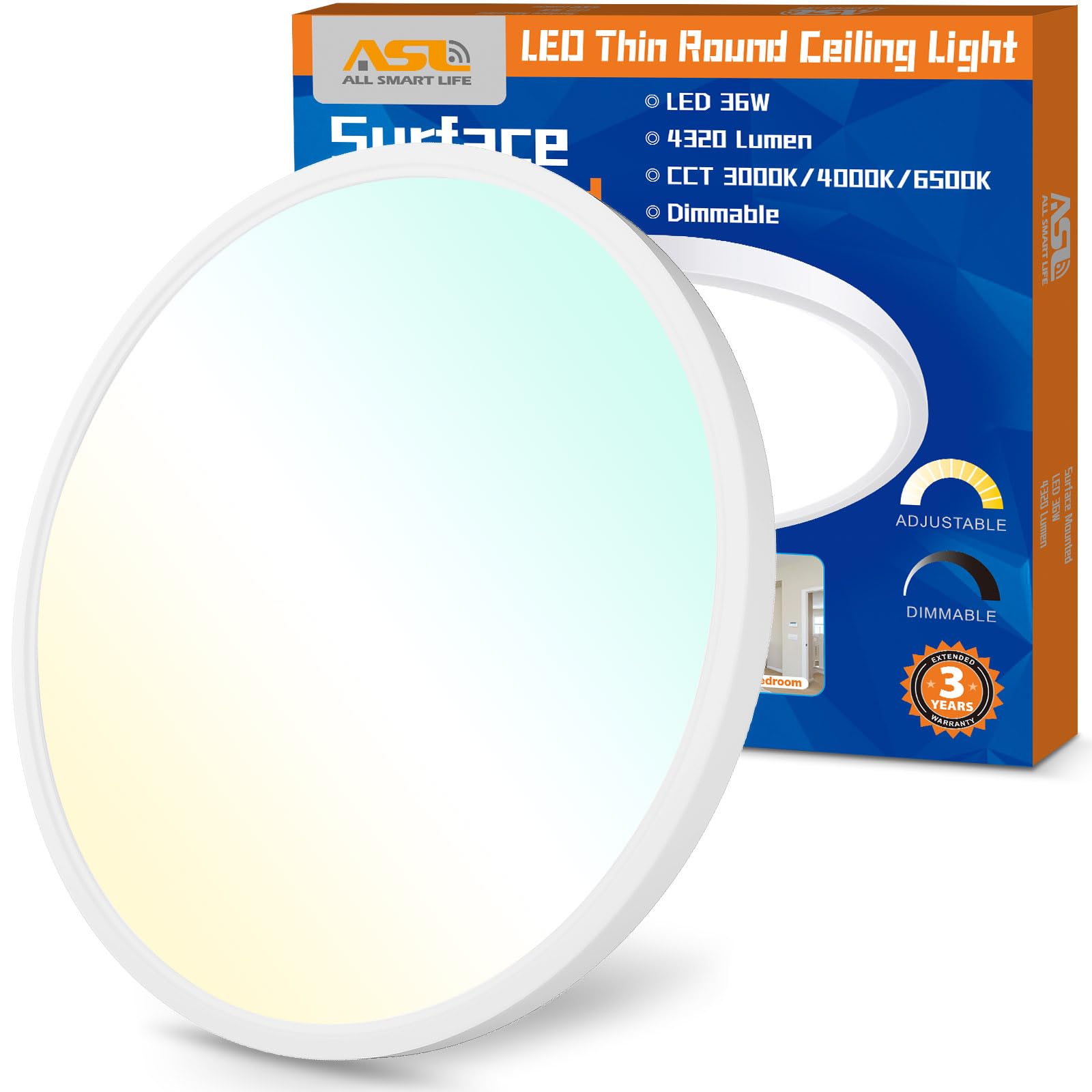 Allsmartlife LED Flush Mount Ceiling Light Fixture 1 Pack, 15.8 inch 32W 4320lm Flat Ceiling Light, 3000K/4000K/6500K, Round Cei