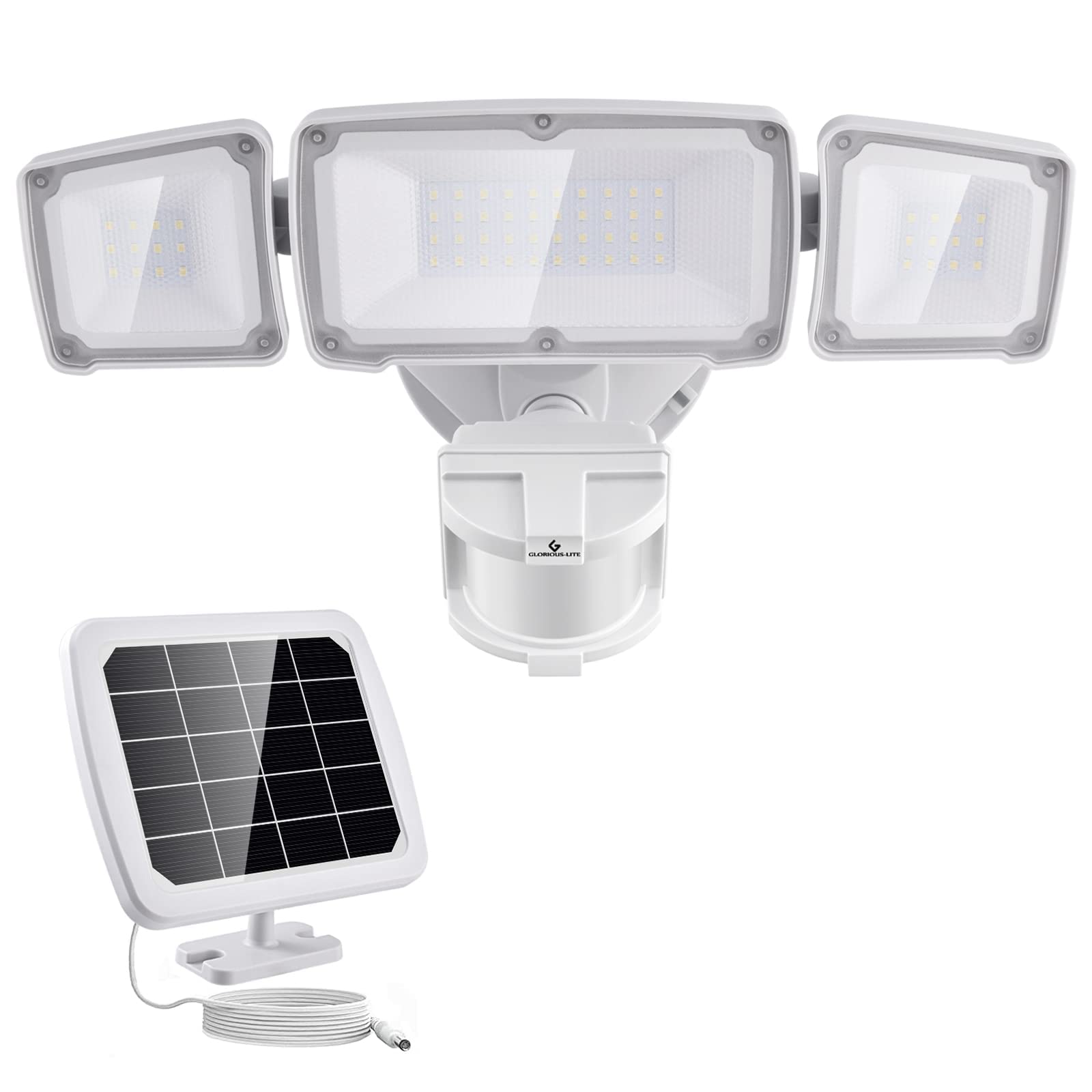 GLORIOUS-LITE Solar Security Light, 2400mAh LED, 1600lm, 3 Heads, IP65 Waterproof, White, Model YY02C-WH
