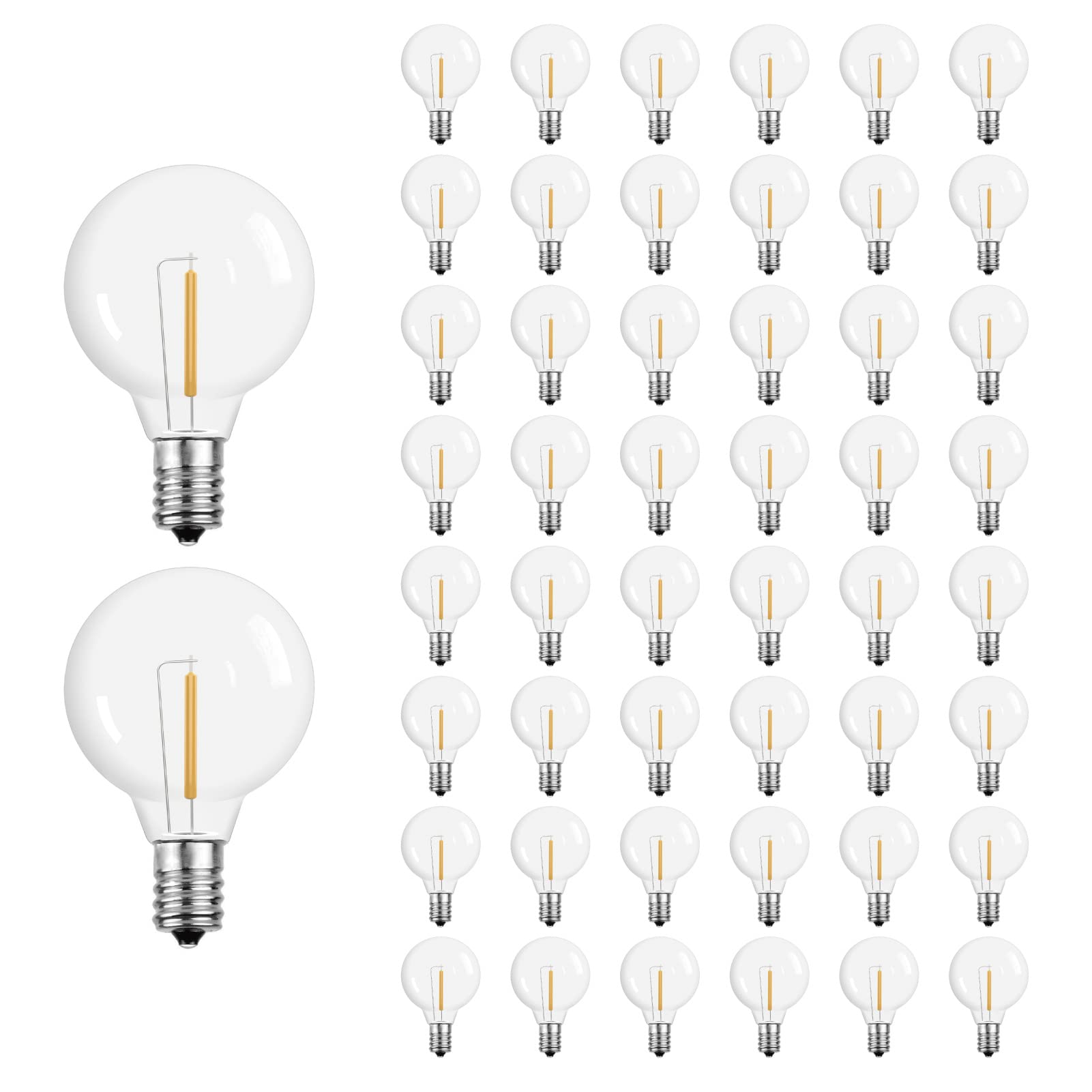 Meconard G40 Led Replacement Light Bulbs, 1.57 Inch 1 Watt Shatterproof LED Globe Bulbs for Indoor Outdoor String Lights, E12 or C7 Candelabra Screw Base Sockets, Warm White, 50 Pack