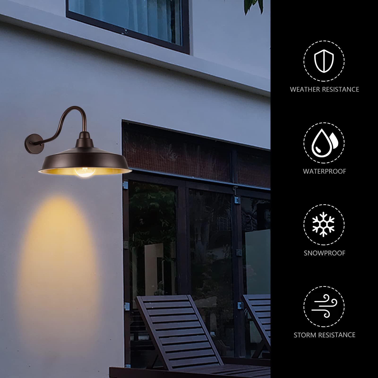 Diyel Gooseneck Barn Light Outdoor, 16 Inch Dome Large Farmhouse Exterior Light Fixture Wall Mount, Industrial Outdoor Wall Sconce Outside For House, Shop, Front Porch, Garage, Entryway, Orb, 1 Pack