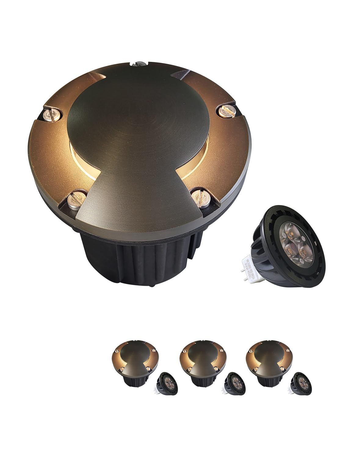 Malory Brass Top Cover Landscape Well Lights (5H) 12V Low Voltage Outdoor In Ground Lights Landscape Lighting For Pathway  Driveway And Garden (Two-Direction Turret  4-Pack With Bulb)