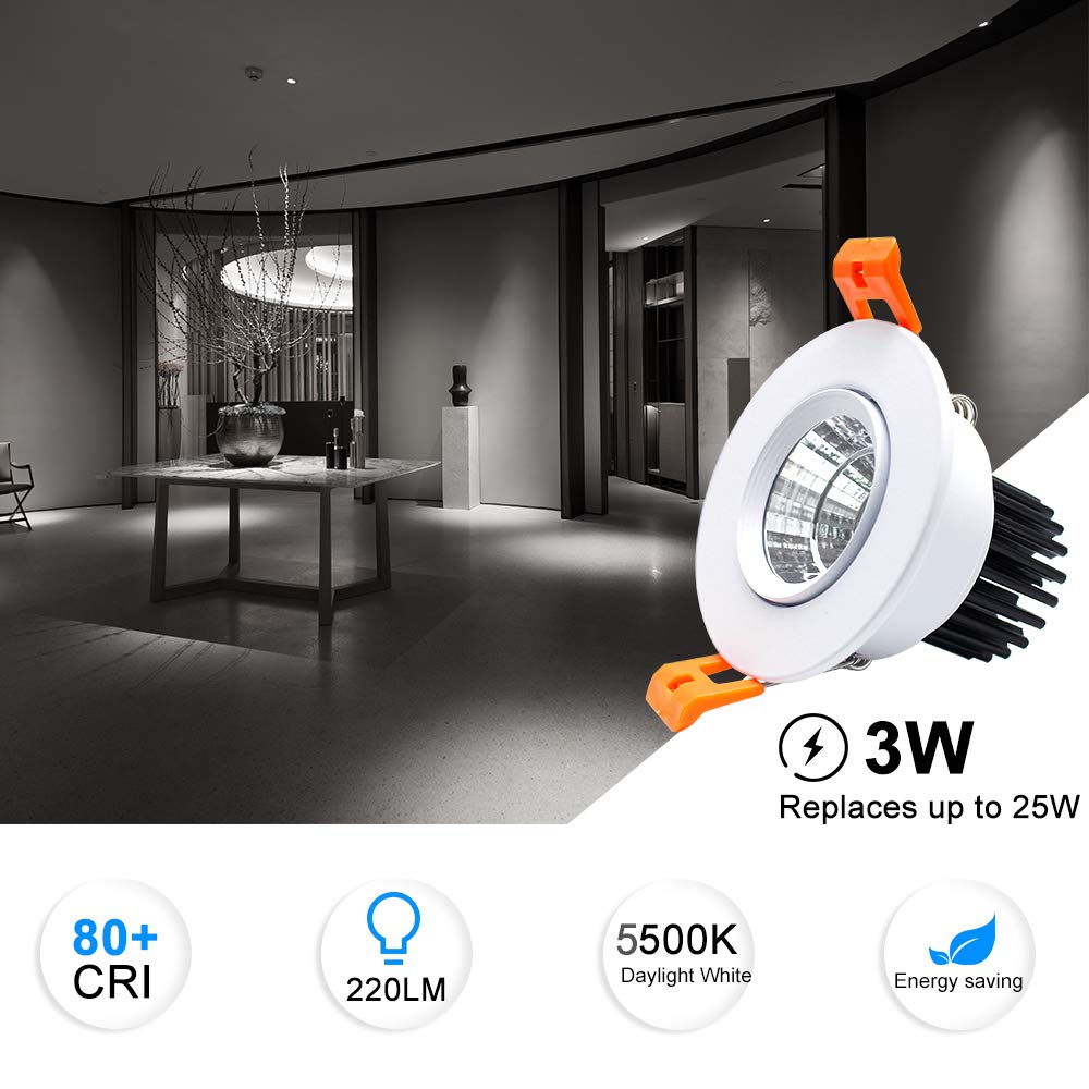inShareplus 2 Inch LED Downlight, 3W Dimmable 5000K Daylight White, CRI80, Ceiling Light, Model BZS-DL-3WDW-