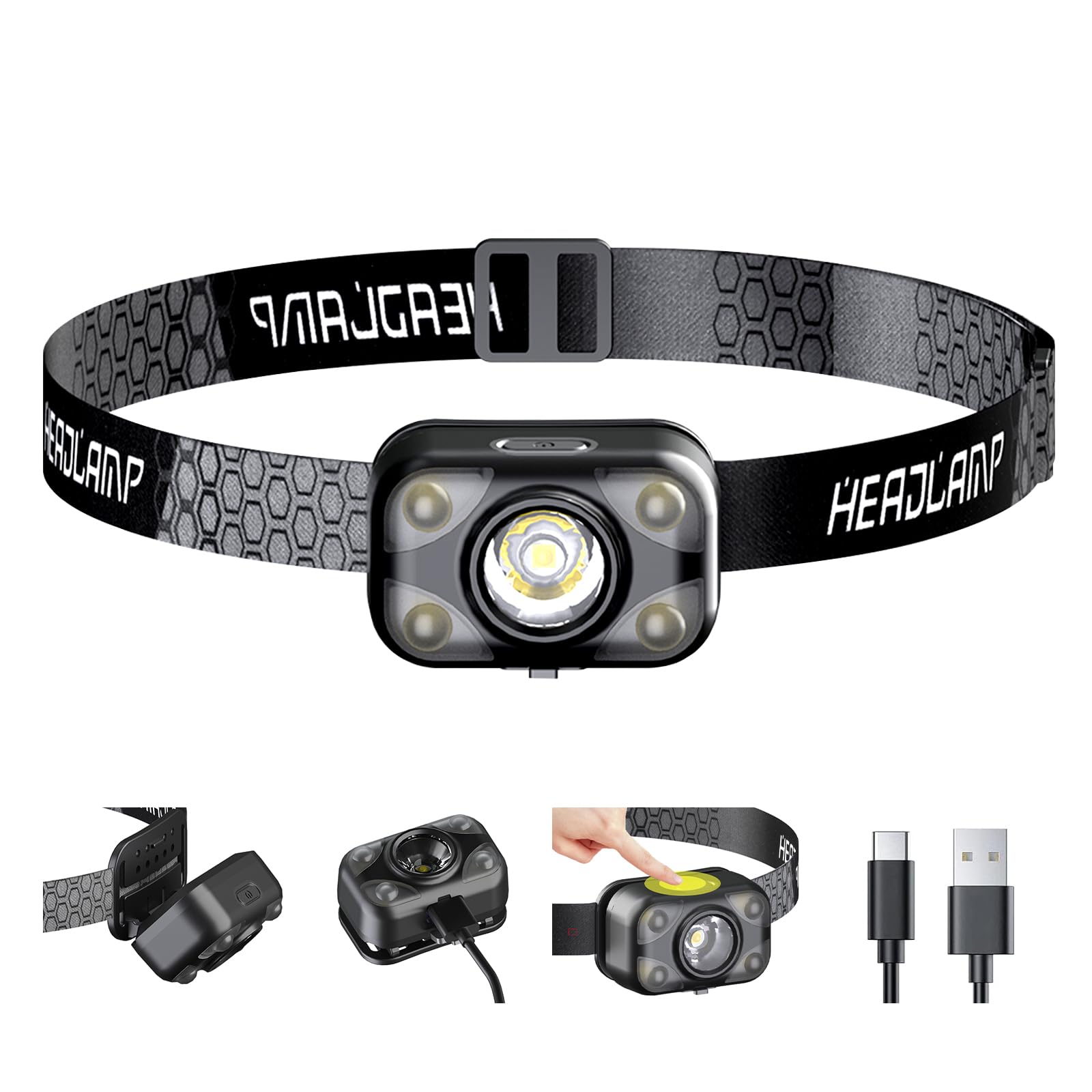Pinsai Ultra Bright Headlamps 6 Light Modes Motion Sensor Headlight Led Rechargeable Comfortable Head Lamp For Adult Kid, Lightw