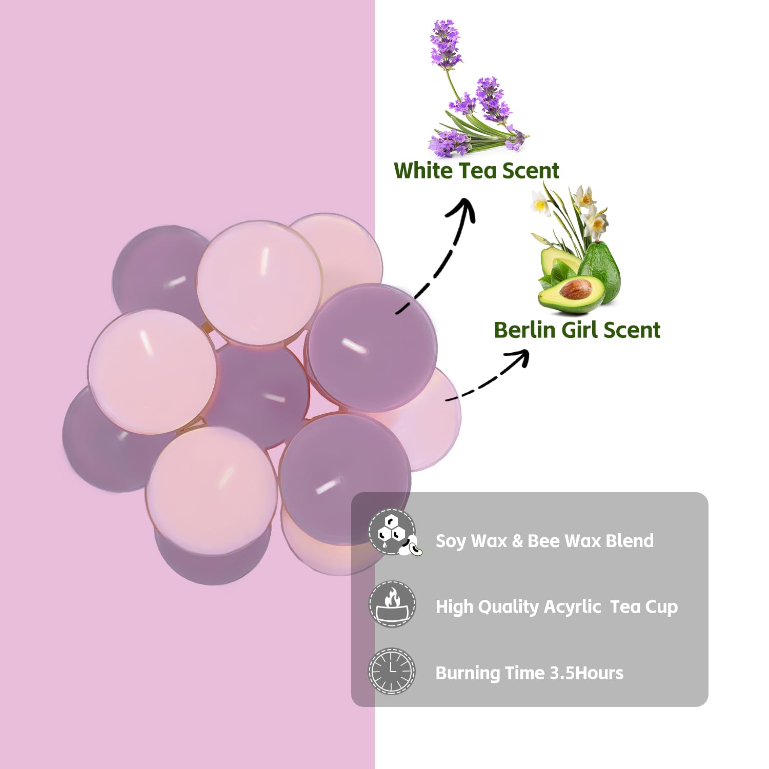 12 Pack Scented Tealight Candles, Bee Wax & Soy Wax Blend Tea Light Candles in Purple, 2 Scents Daffodil Oregano & Juniper Laven