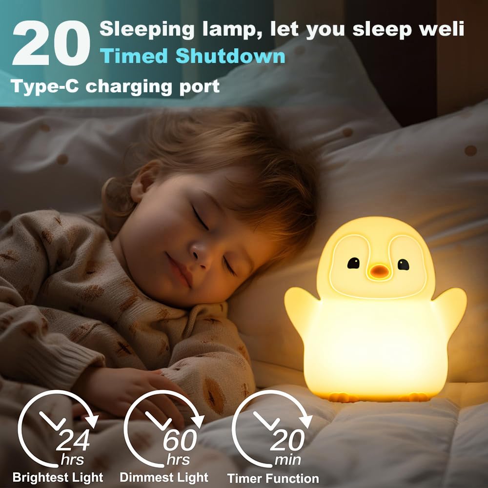 Kangten Chen Cute Penguin Night Light For Kids Bedroom, Animal Silicone Nursery Night Lamp Touch Control Nightlights Usb Recharg