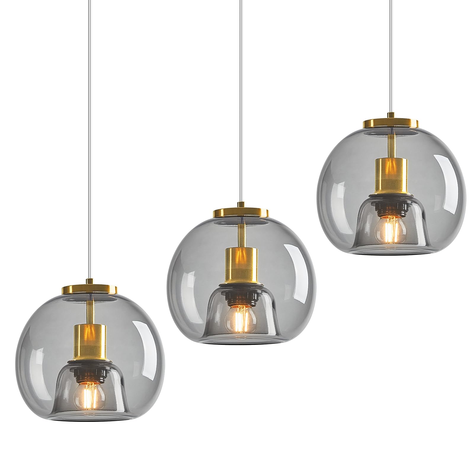Lbsqj Light Grey Glass Pendant Lights Kitchen Island Gold Hanging Light Fixture Glass Globe Pendant Light Modern Pendant Lighting For Kitchen Island Bedroom Dining Room (7.87  3 Pack)