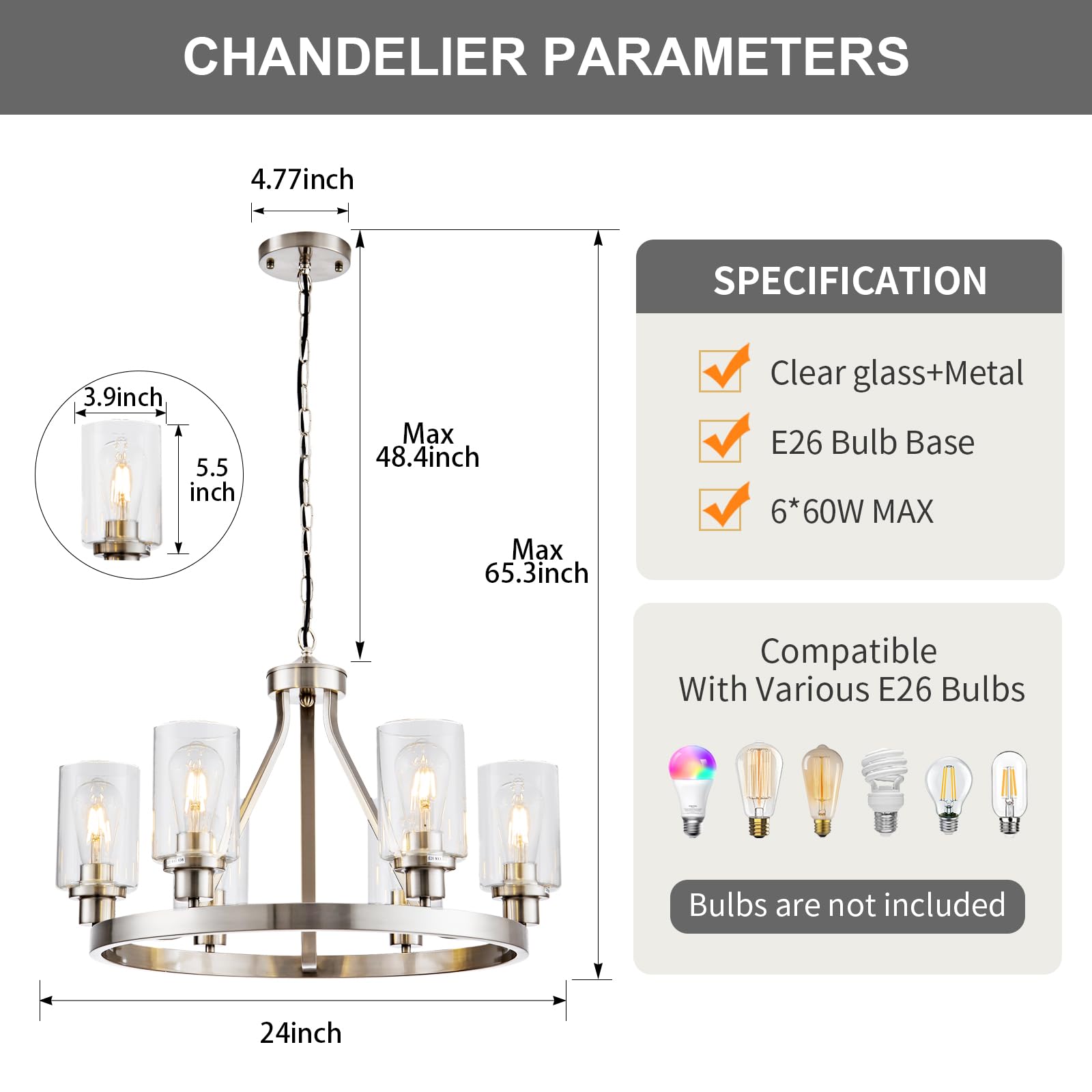Hccz 6-Light Brushed Nickel Wagon Wheel Chandelier With Glass Shade For Dining Room & Living Room