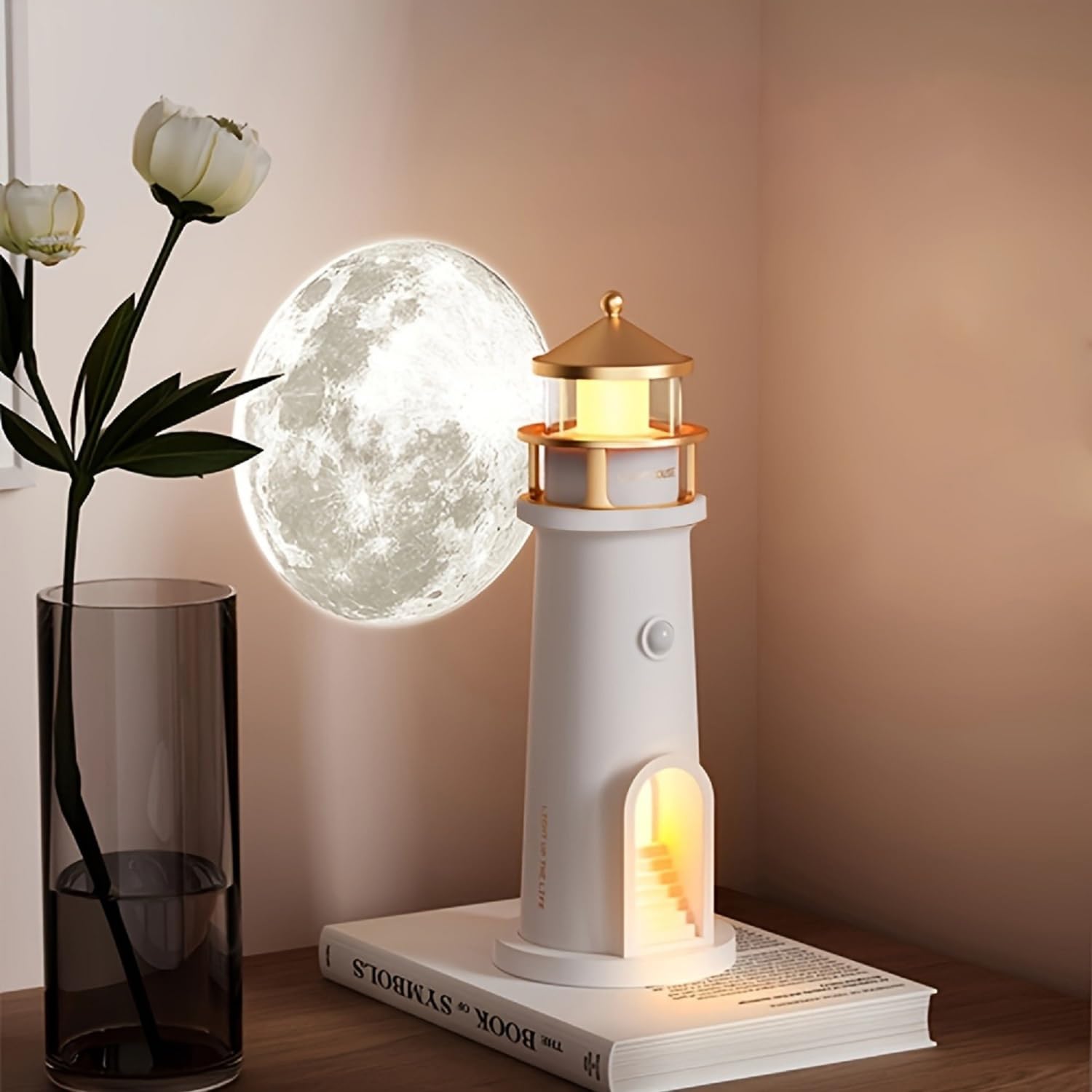 IFTHFOUR Moon Lighthouse Projector Night Light with Motion Sensor - Rechargeable LED Galaxy Table Lamp, Moon Lamp for Kids, Bedr