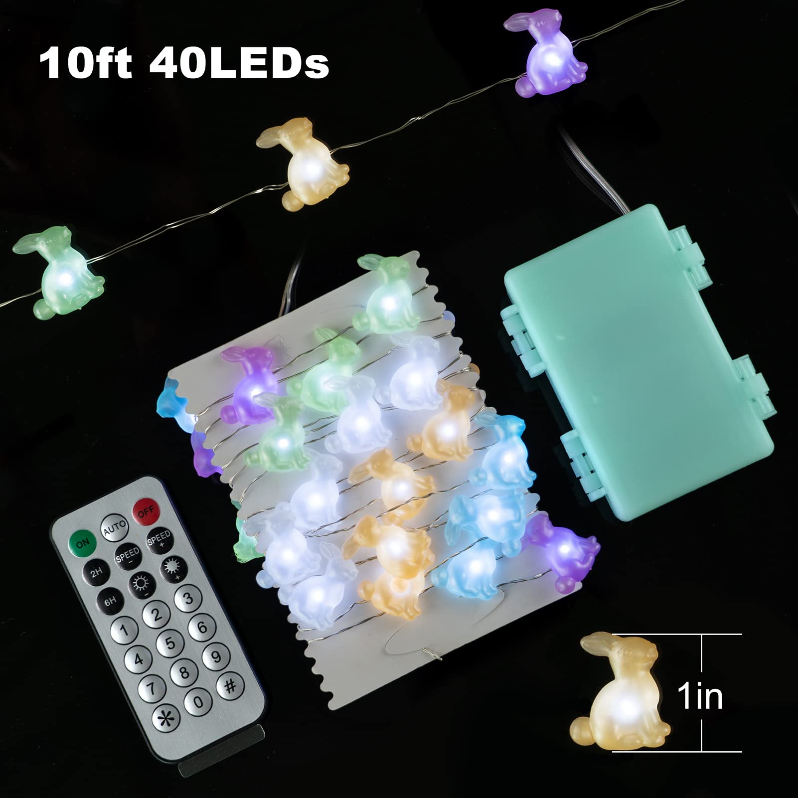 BOHON LED String Lights, Rabbit Shape, 40 LEDs, Battery Operated, 10 ft, Purple Blue Green Yellow White, Model BH-SL-13