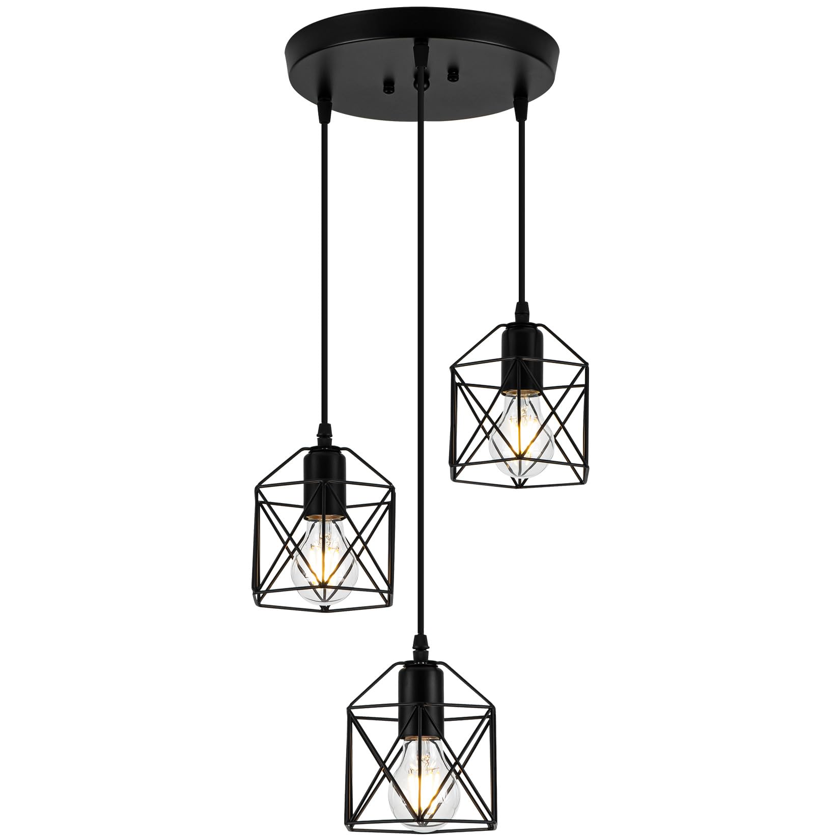 Rocunsi 3-Light Pendant Light Fixtures  Farmhouse Hanging Pendant Lighting  Dining Room Chandelier  Industrial Kitchen Island Hanging Light Fixture  Black Metal Cage Pendant Ceiling Lamp For Kitchen