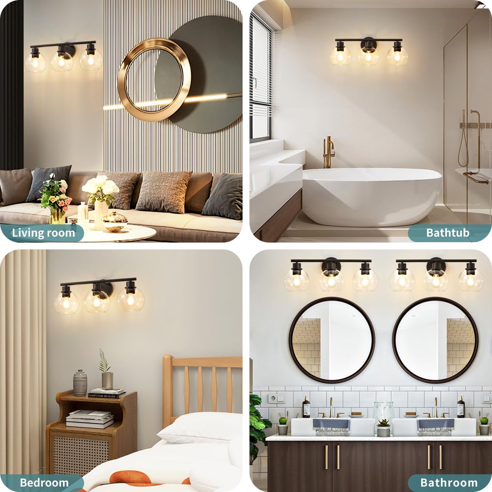 Lanmate Bathroom Vanity Light Fixture, 3-Light, Clear Glass Shade, Modern Black, 22 inch, Model L1746