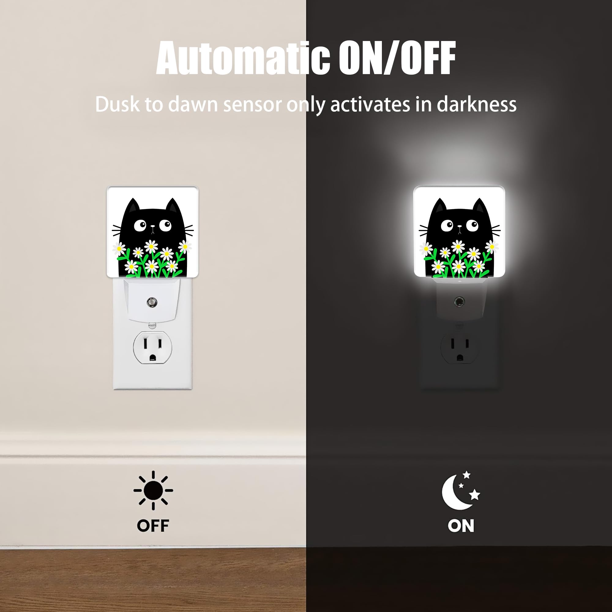 Jopowide Cat Kitten Daisy Night Light, Camomile Bouquet Plug Into Wall With Dusk To Dawn Light Sensors, Warm Nightlights For Bed