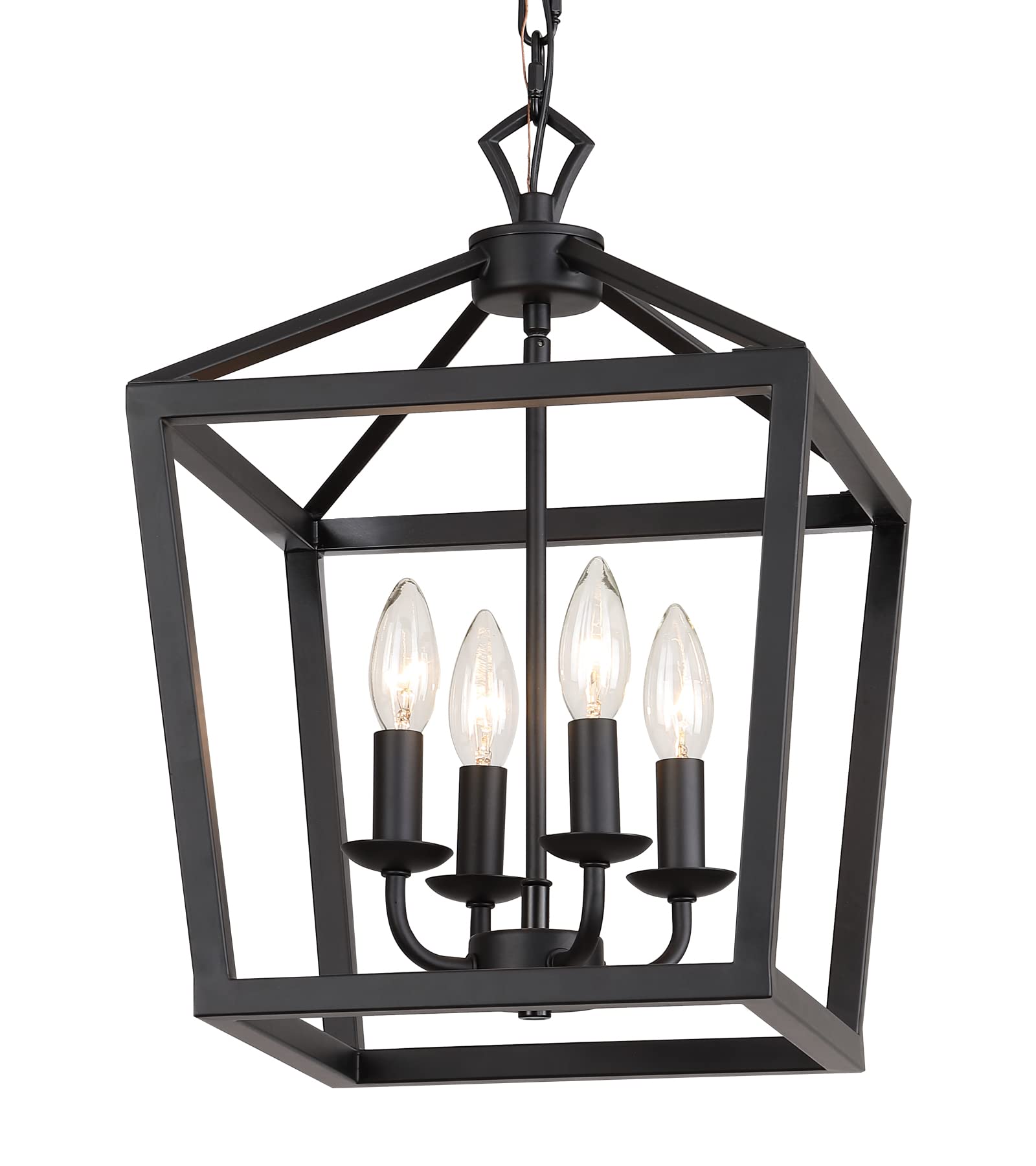 AMZASA Rustic Black Lantern Chandelier - 4-Light Fixture for Kitchen, Dining Room, Entryway - L17.5"xW11.81"xH65.9" - UL Listed