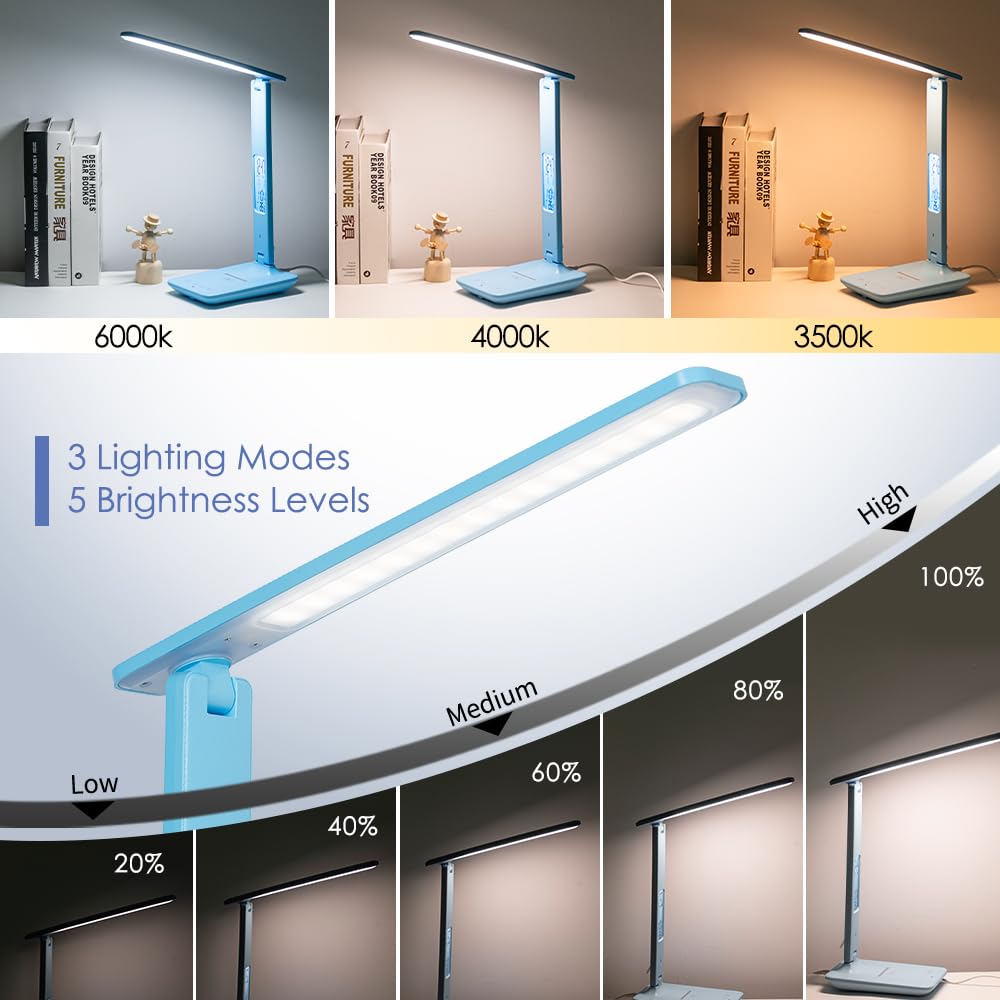 wanjiaone LED Desk Lamp with Wireless Charger, USB Port, Clock, Phone Holder, Blue, Model TX26C0