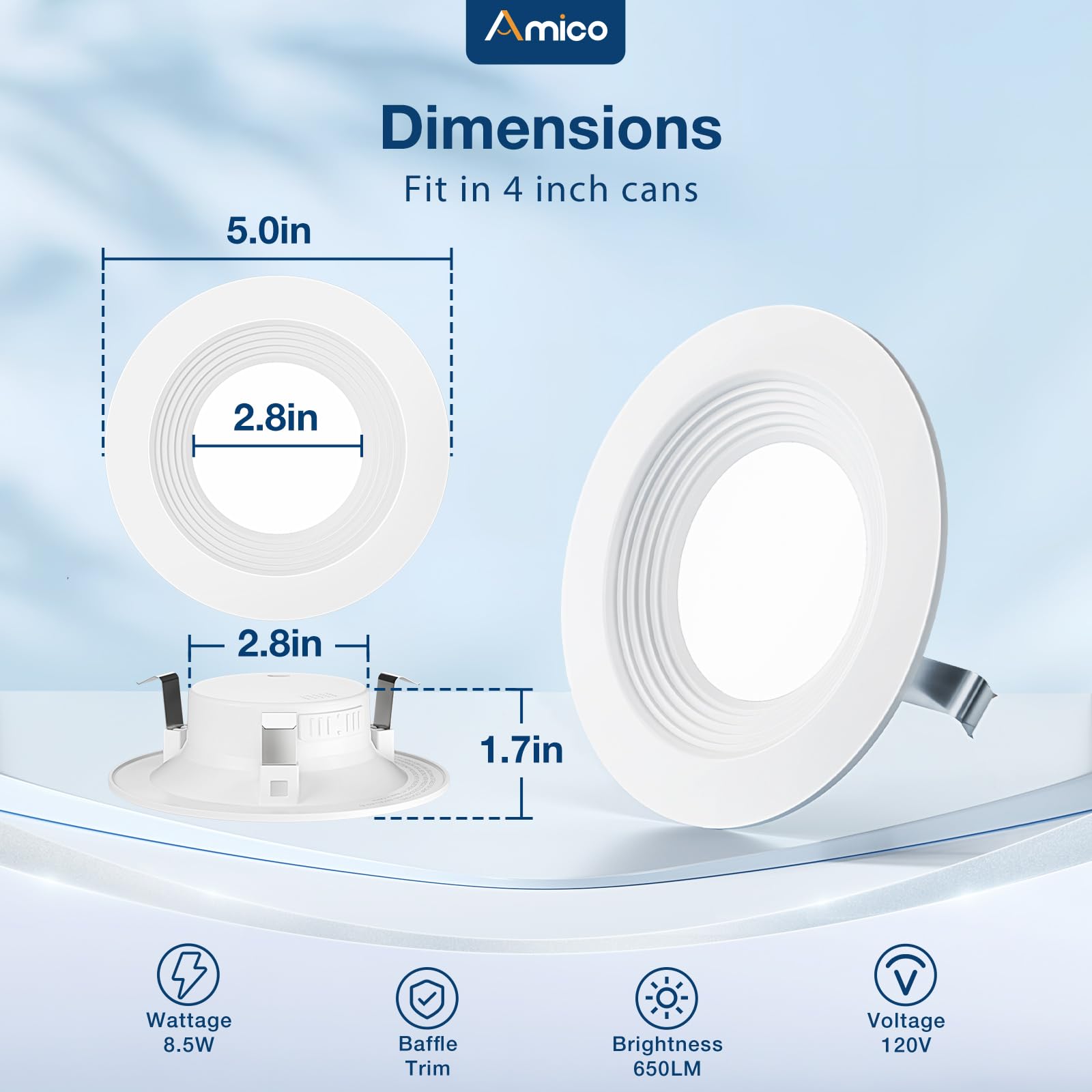 Amico 24 Pack 4" Dimmable LED Recessed Lighting, 8.5W=60W, 650LM, 5CCT, IC Rated, White, Model