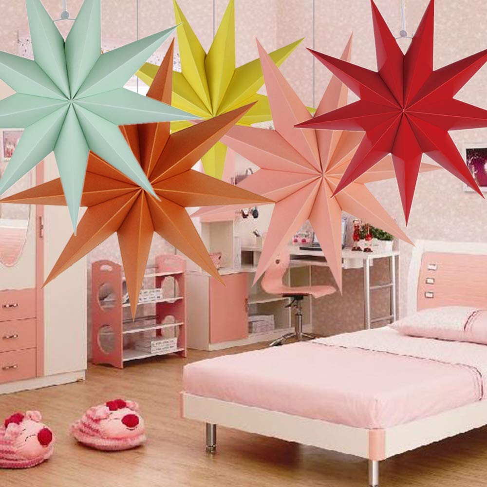 Kiddale 3 Pieces 3D 12'' Large Paper Star Red Green Pink Hanging Paper Star Decorations For Weddings, Christmas Holiday, Girls B