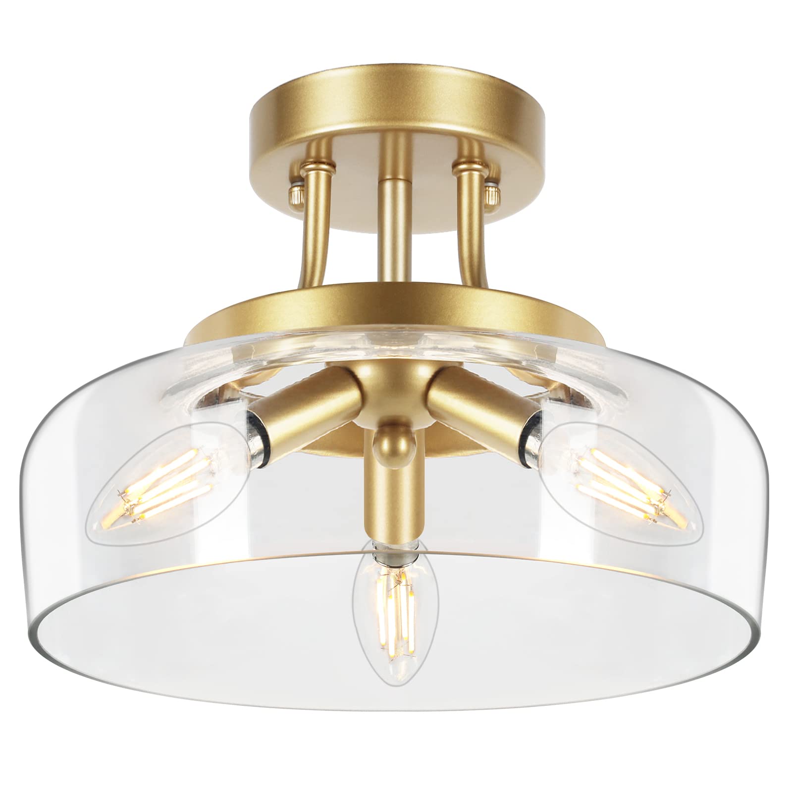 Tobusa 3-Light Gold Semi Flush Mount Ceiling Light With Glass Shade For Living Room And Kitchen