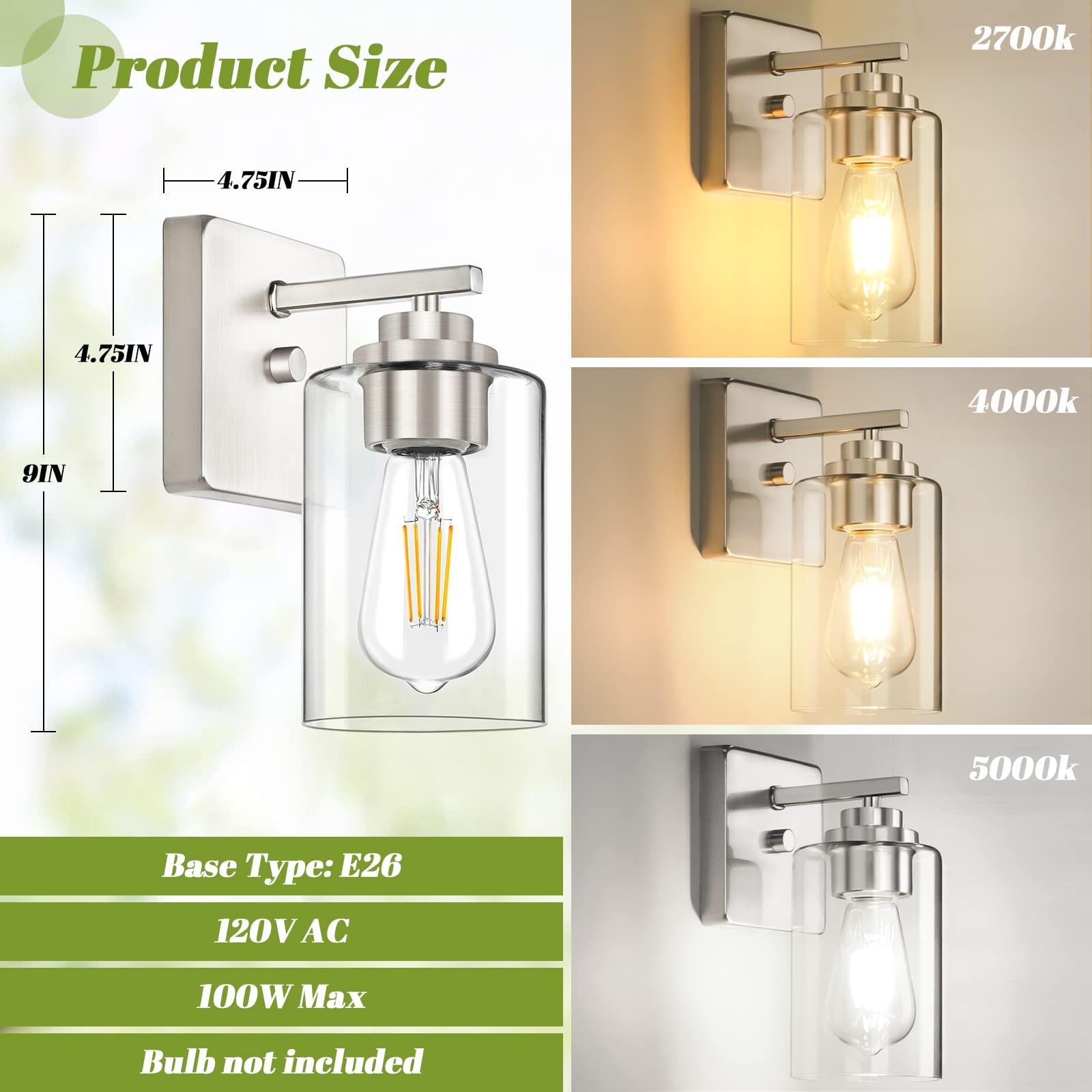 Set Of 2 Wall Sconces For Bathroom, Brushed Nickel Vanity Light Fixtures, Modern Wall Mount Lighting Lanterns, Farmhouse Wall La