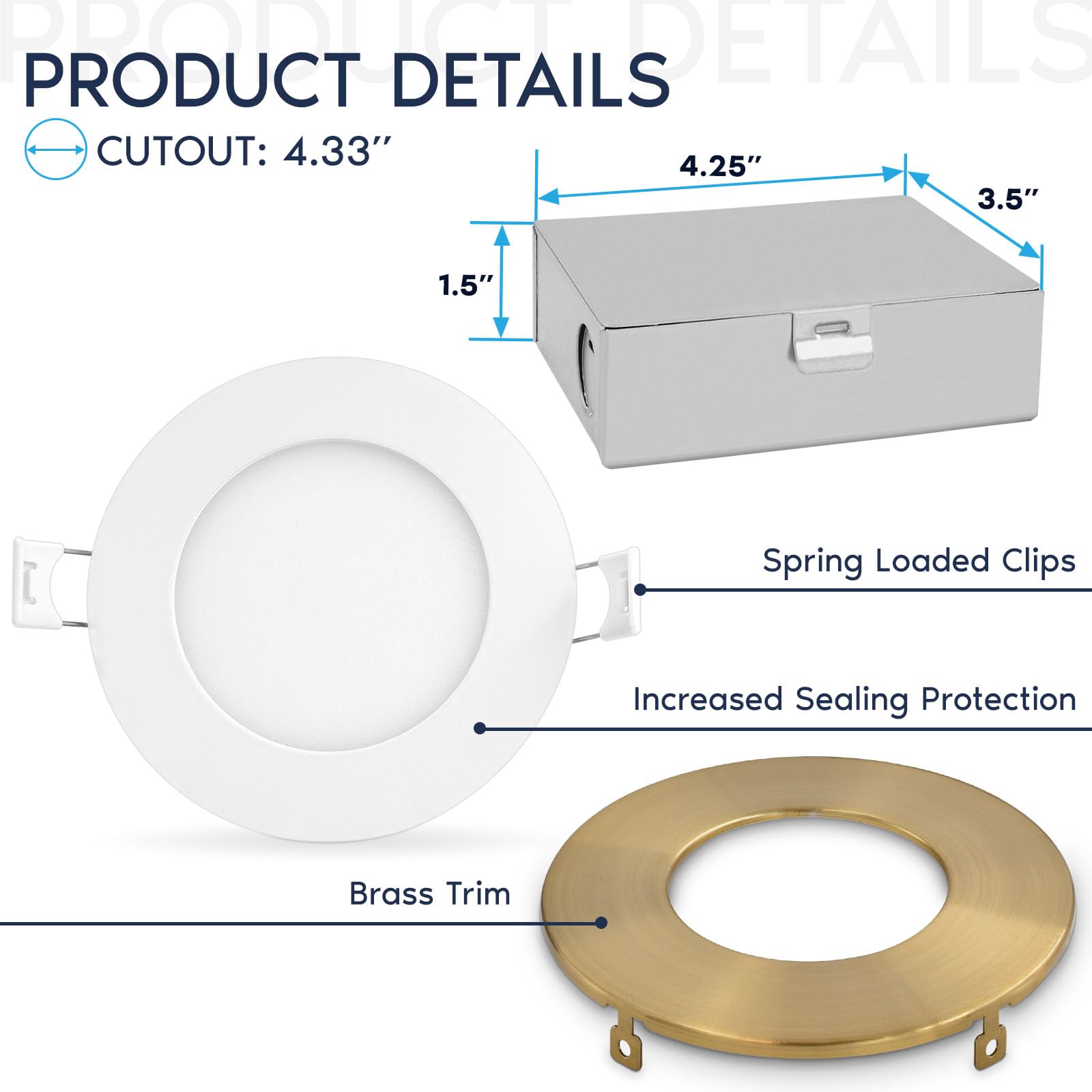 LUXRITE 4 Inch Ultra Thin LED Recessed Light, 10W, Dimmable, 750 Lumens, Brass Trim, Energy Star, IC Rated, 4 Pack