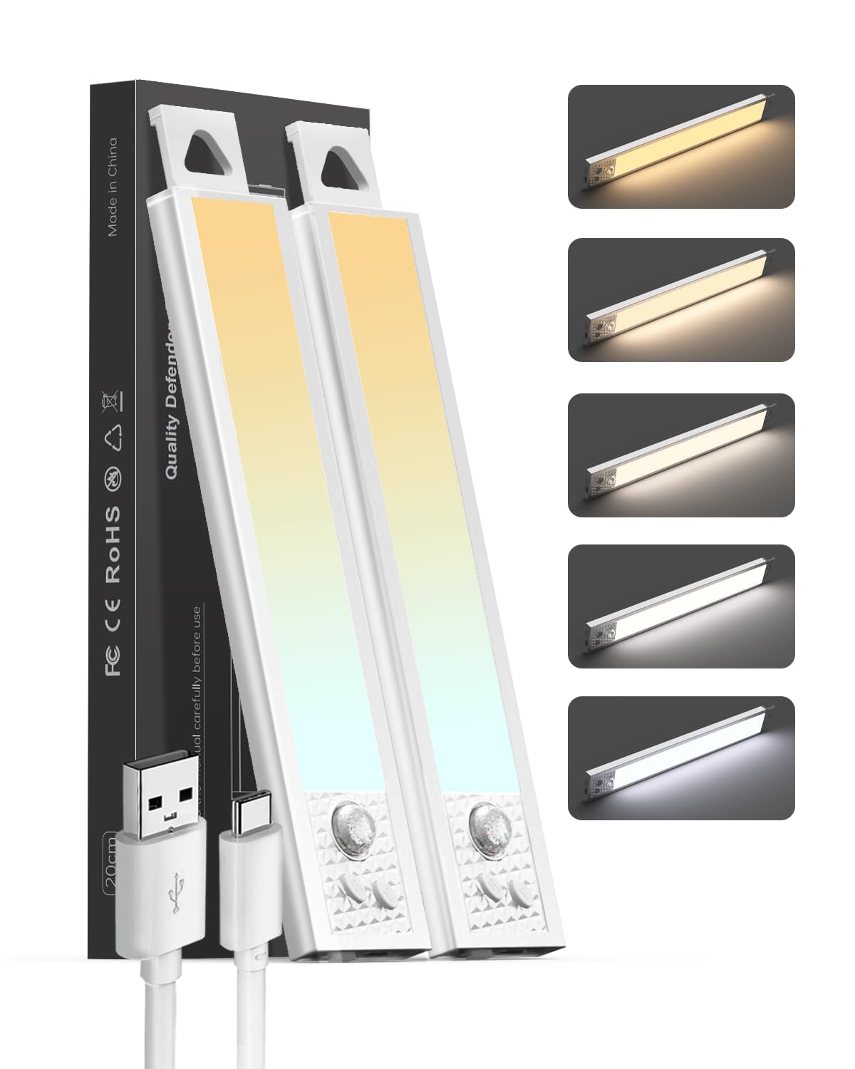 Under Cabinet Lights, 8'' LED Motion Sensor 5CCT Dimmable Lighting, 2500mAh Rechargeable Closet Light Battery Operated Under Cou