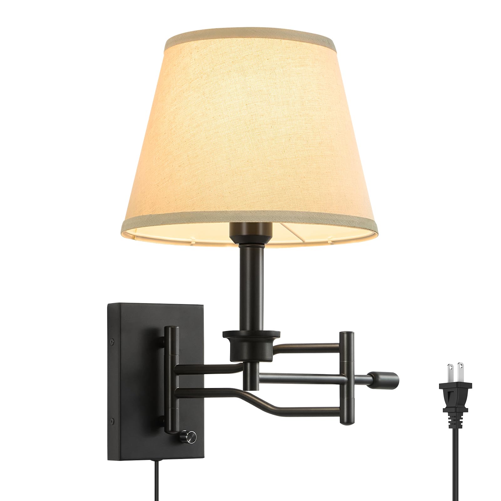 Linour 15 Black Swing Arm Wall Sconce Adjustable Wall Lamp, Plug in Wall Sconce with Dimmer Switch, Wall Mounted Reading Light B