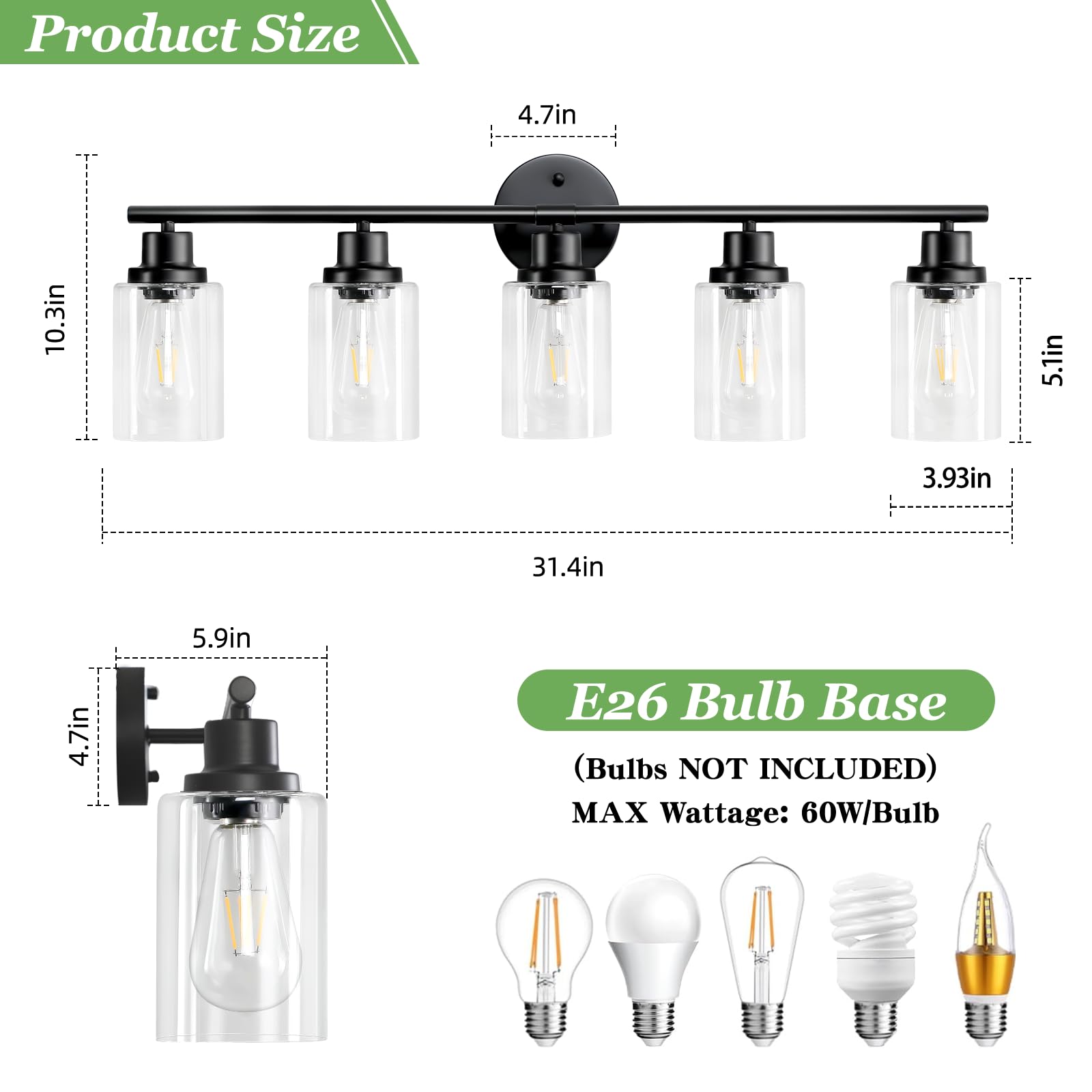 Guliaofo 5-Light Black Vanity Light Fixture with Clear Glass Shade, Modern Bathroom Wall Lamp for Mirror and Living Room, Model Gu-111-QGH-5