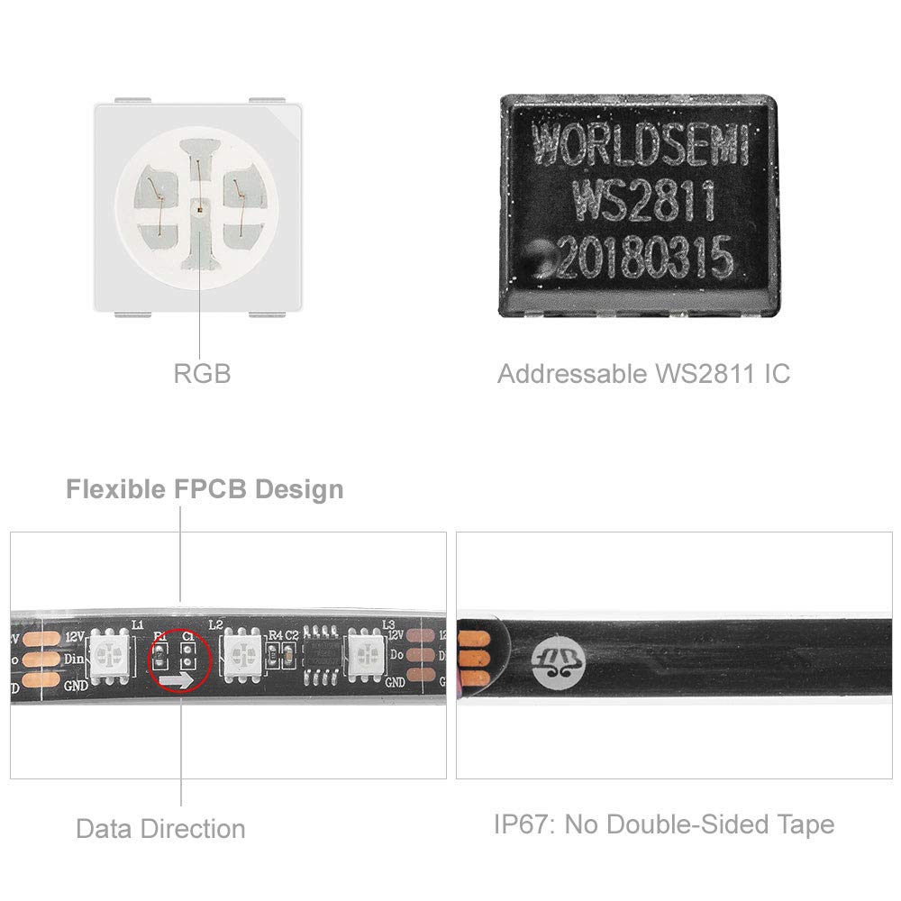 Btf-Lighting Ws2811 Ic=Rgb+Ic Addressable Dream Color Led Strip 16.4Ft 60Leds/M 20Pixels/M Ip67 Waterproof Black Pcb Flexible Dc