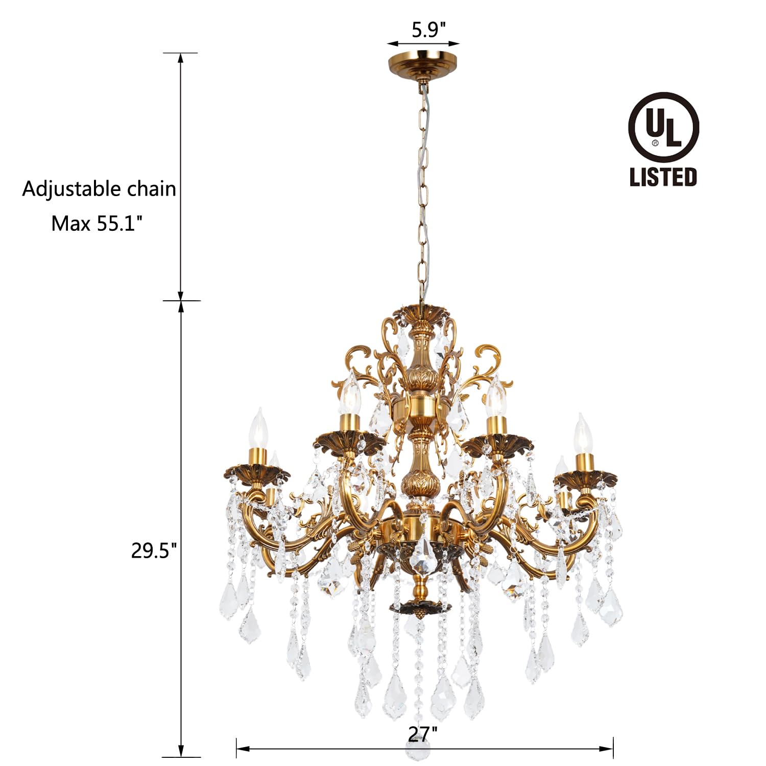 Akeelighting Antique Gold Crystal Chandelier Lighting 8-Light Contemporary Chandeliers Classic Crystal Candle Island Lighting Di