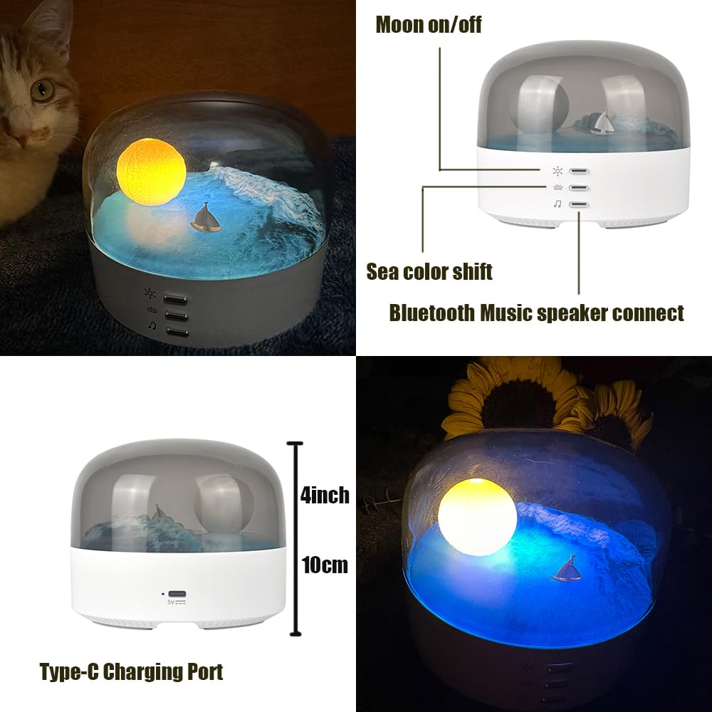 Anjogift Elegant Moon Sea And Snow Mountain Led Night Light Music Speaker Lamp Usb Type-C Rechargeable, Brightness Adjustable, T