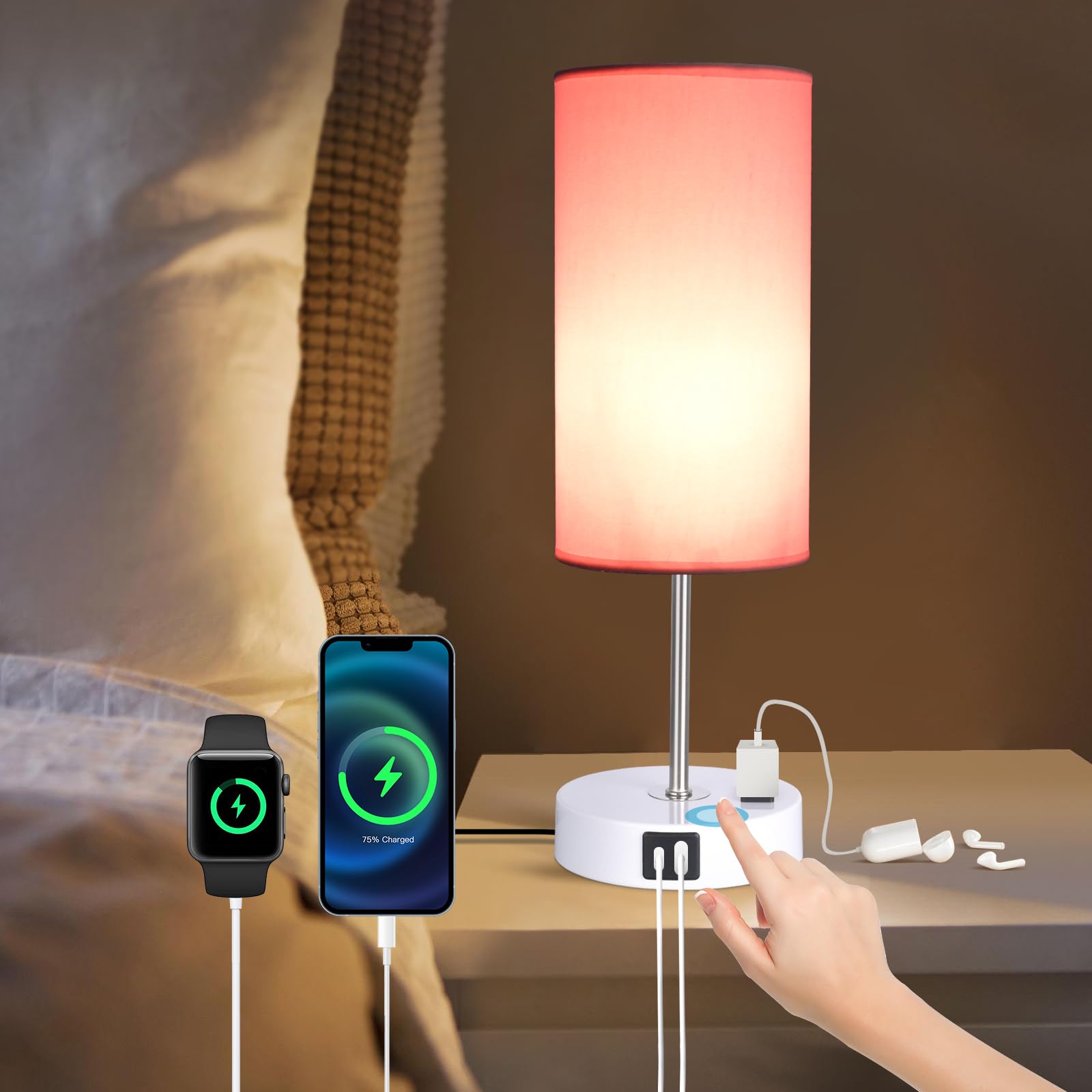 Gugsey Table Lamp With Usb Port - Desk Lamp Touch Lamp Bedside Lamps For Bedroom, 3 Way Dimmable Small Lamps For Living Room, Ni