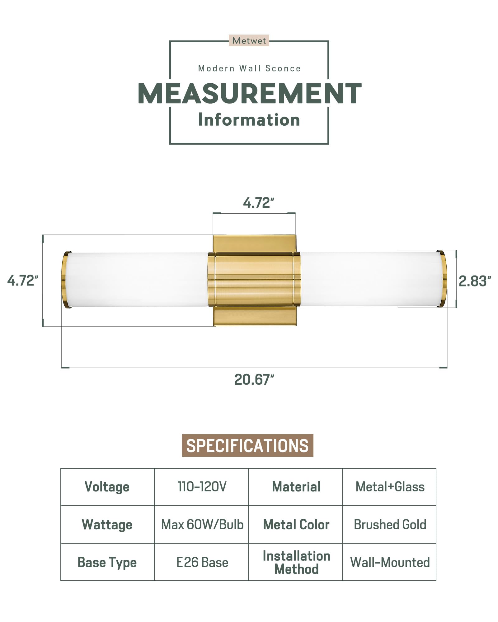 METWET 2-Light Vanity Wall Sconces, Brushed Gold with Milk Glass Shade, Model VL834-BG-ML for Bathroom and Bedroom