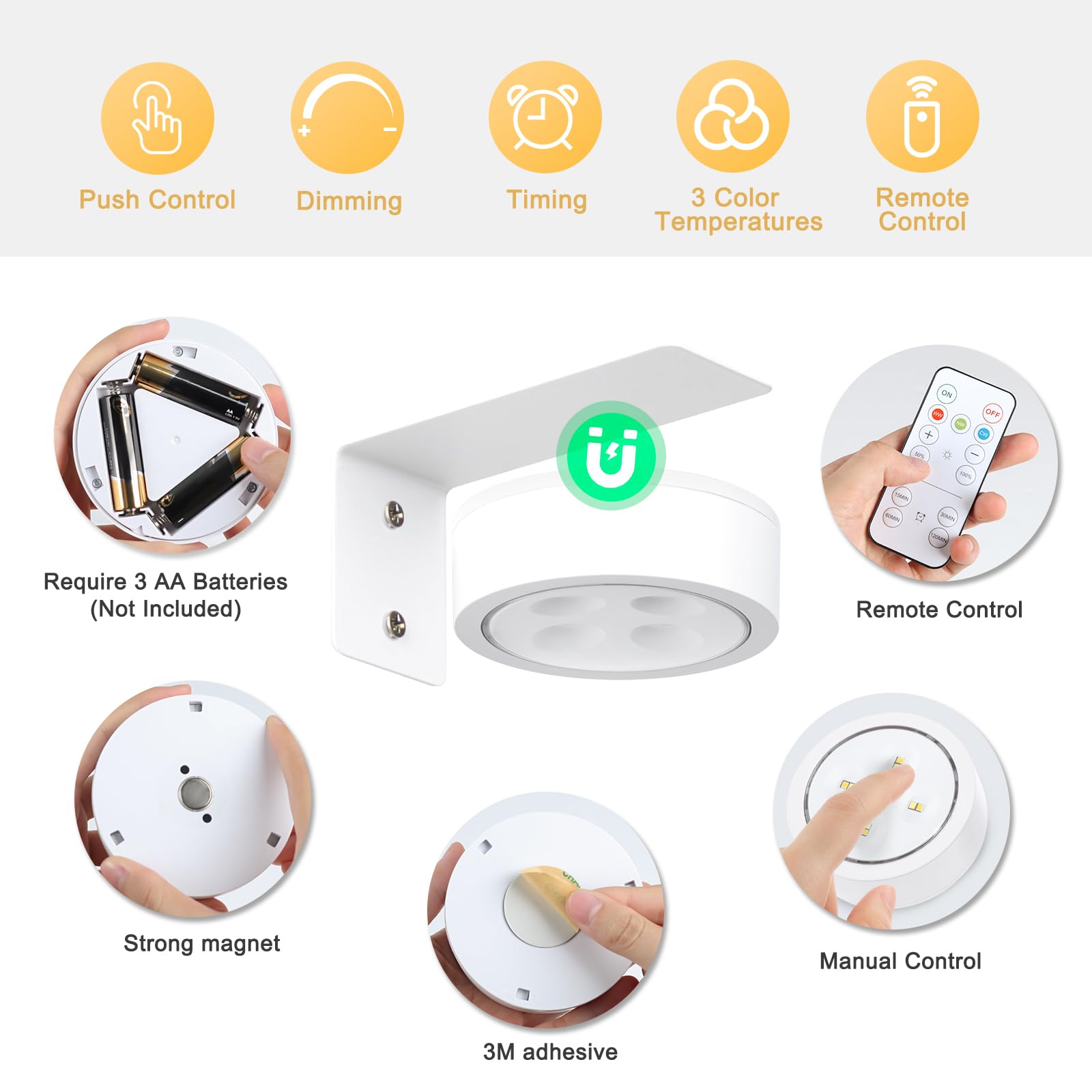 KELUOLY 2-Pack LED Picture Light, Battery Operated, Dimmable with Remote, White, Model XY-BQ3S-2B