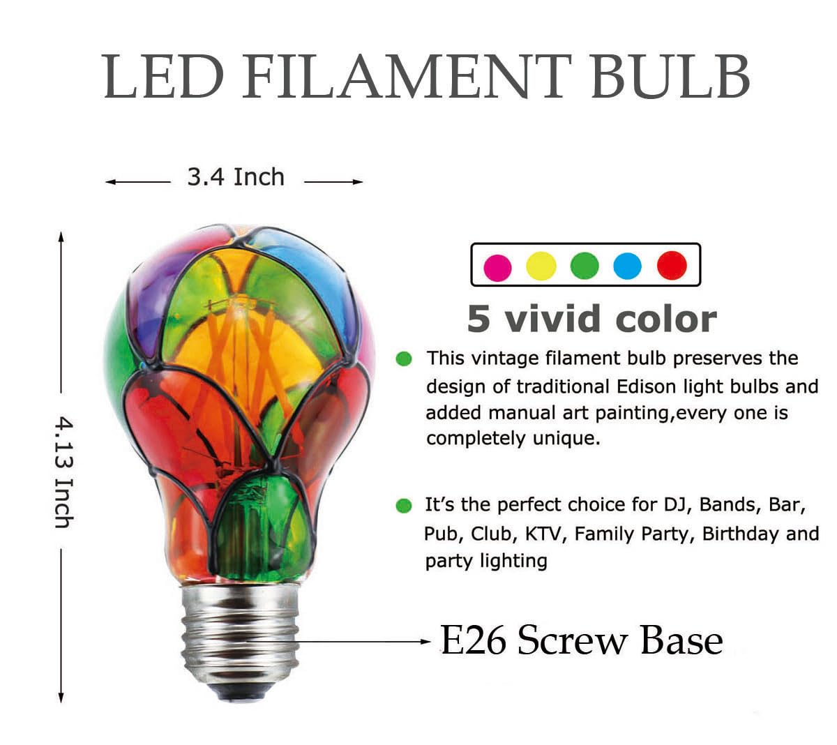 Greeogin Dimmable Stained Glass Led Light Bulb Led Color Bulb,E26 Base 4 Watts A19/A60 Led Light Bulbs,For Party Light,Festive A