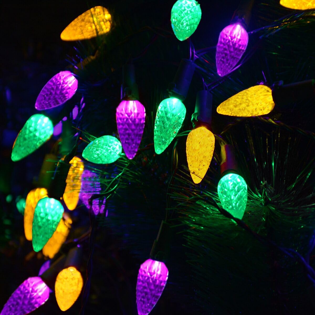 Huacenmy Solar Mardi Gras Lights, 50 LEDs C6, Waterproof Yellow Purple Green Decor for Outdoor Camping and Holiday Decorations