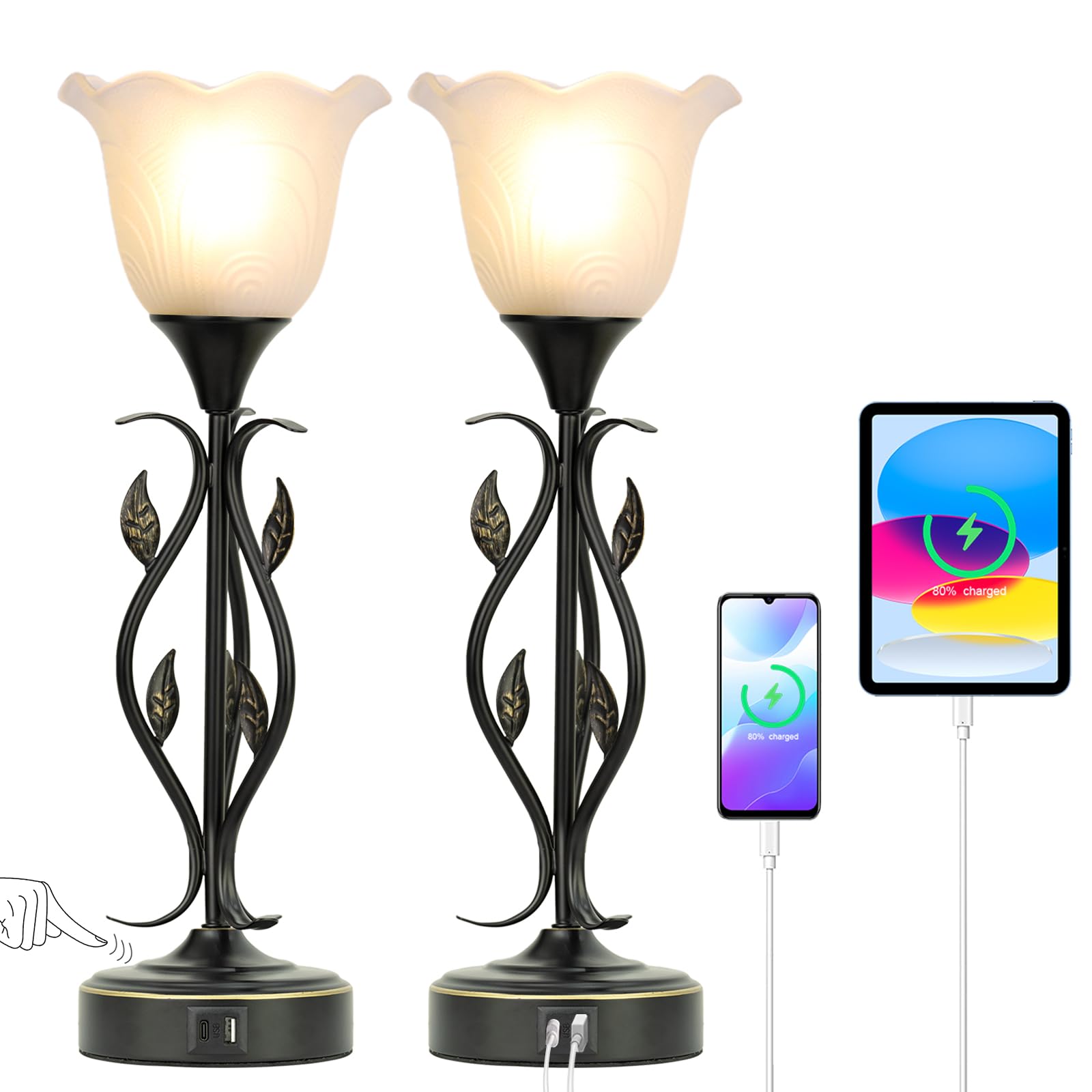 Bedside Lamps Set Of 2, Table Lamp With Usb Port 3 Way Dimmable Touch Lamp Torchiere Nightstand Lamps With Rustic Vines Leaf And Glass Flower Shade Lamp For Bedroom, Living Room, Office