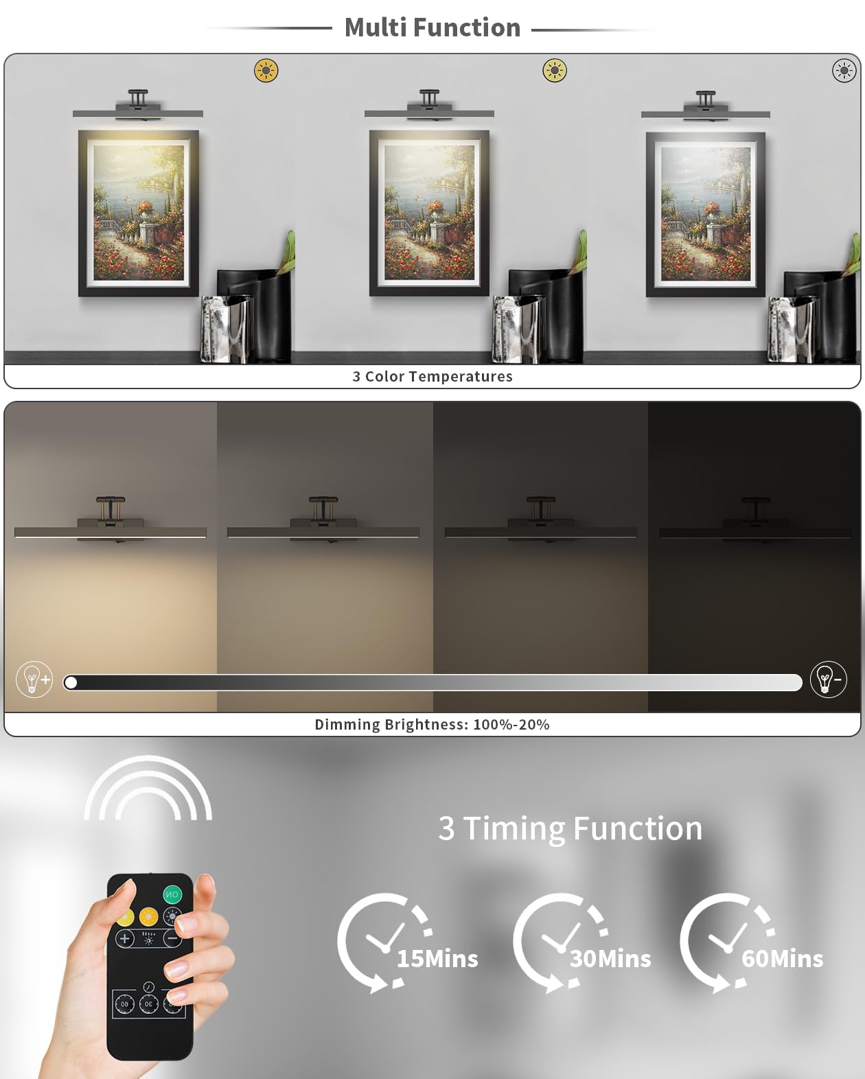 Pasoar Battery Operated Picture Light For Paintings Wireless Art Light With Remote Gallery Light Rechargeable Dimmable And Timer Library Brushed Grey Picture Frame Light For Frame, Portrait, Dartboard