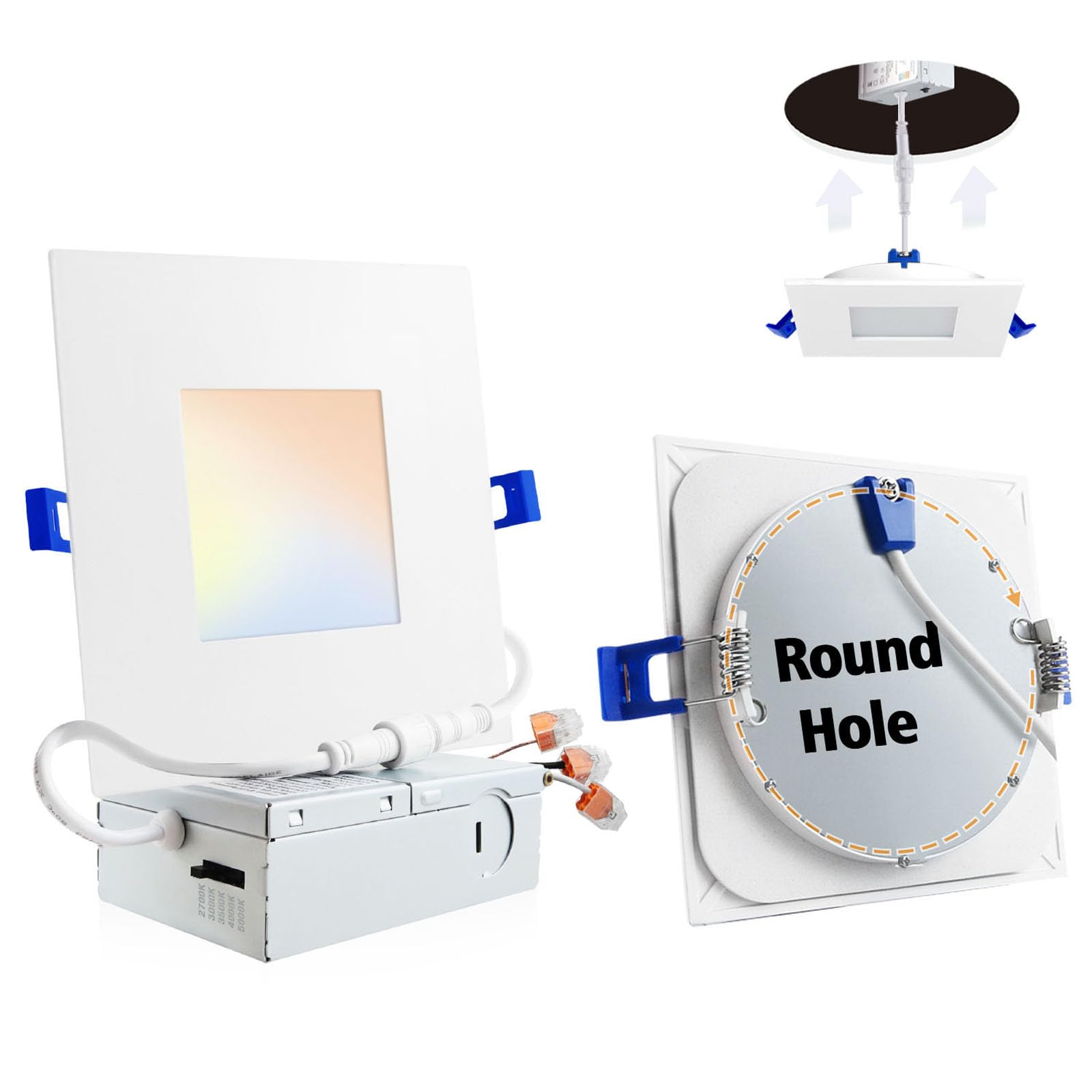 Adetu 4 Inch Square Led Recessed Lighting 5CCT LED Recessed Light with Junction Box,2700K-5000K Selectable,10W 860LM Brightness,