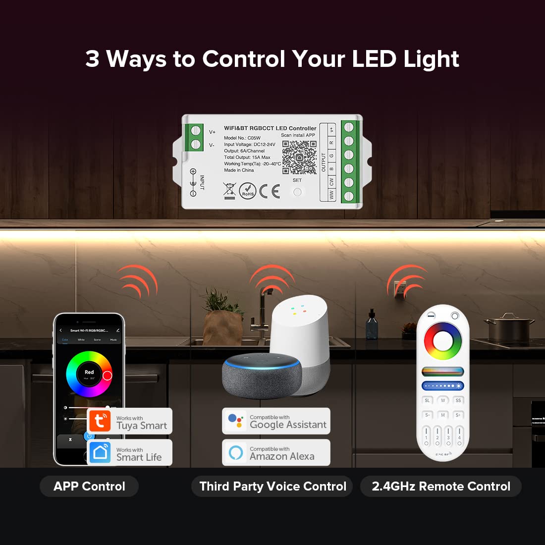 SEZO RGBCCT WiFi Bluetooth LED Strip Controller M1C05W - Smart Life APP Compatible, DC12-24V, Group Control, Neutral Color