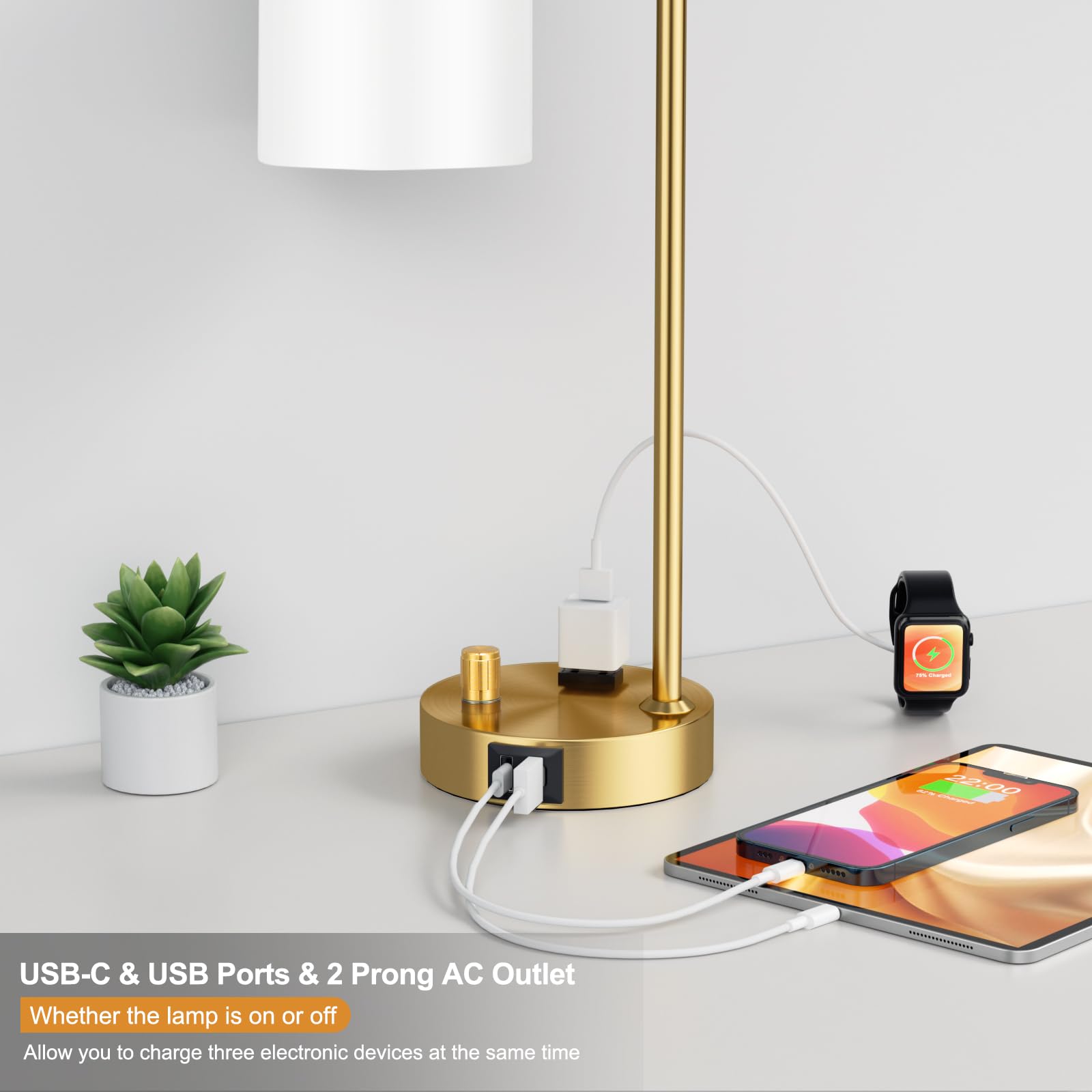 Innqoo Gold Lamp For Bedroom - Industrial Bedside Table Lamp With Usb Port And Outlet, Fully Dimmable Nightstand Lamp With Opal
