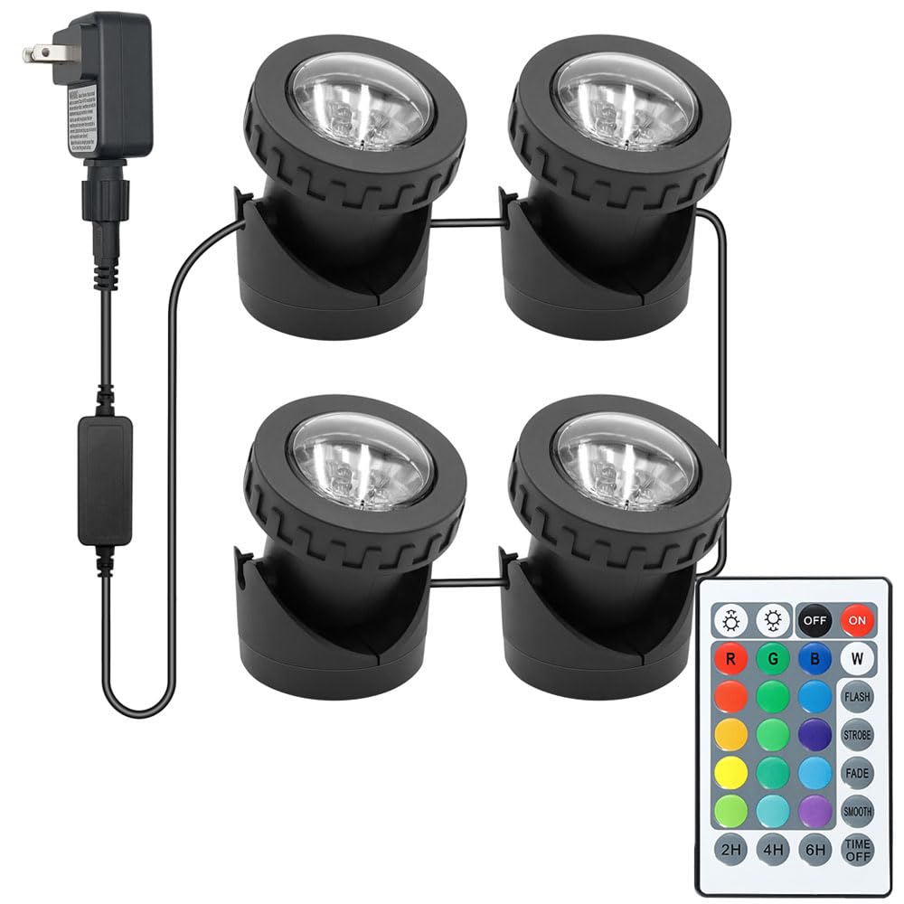 Rgb Underwater Pond Lights With Timer, Rgb Fountain Lights Underwater Light Ip68 Waterproof, Dimmable Outdoor Landscape Lights Fish Tank Pond Fountain Garden, 4 Lights