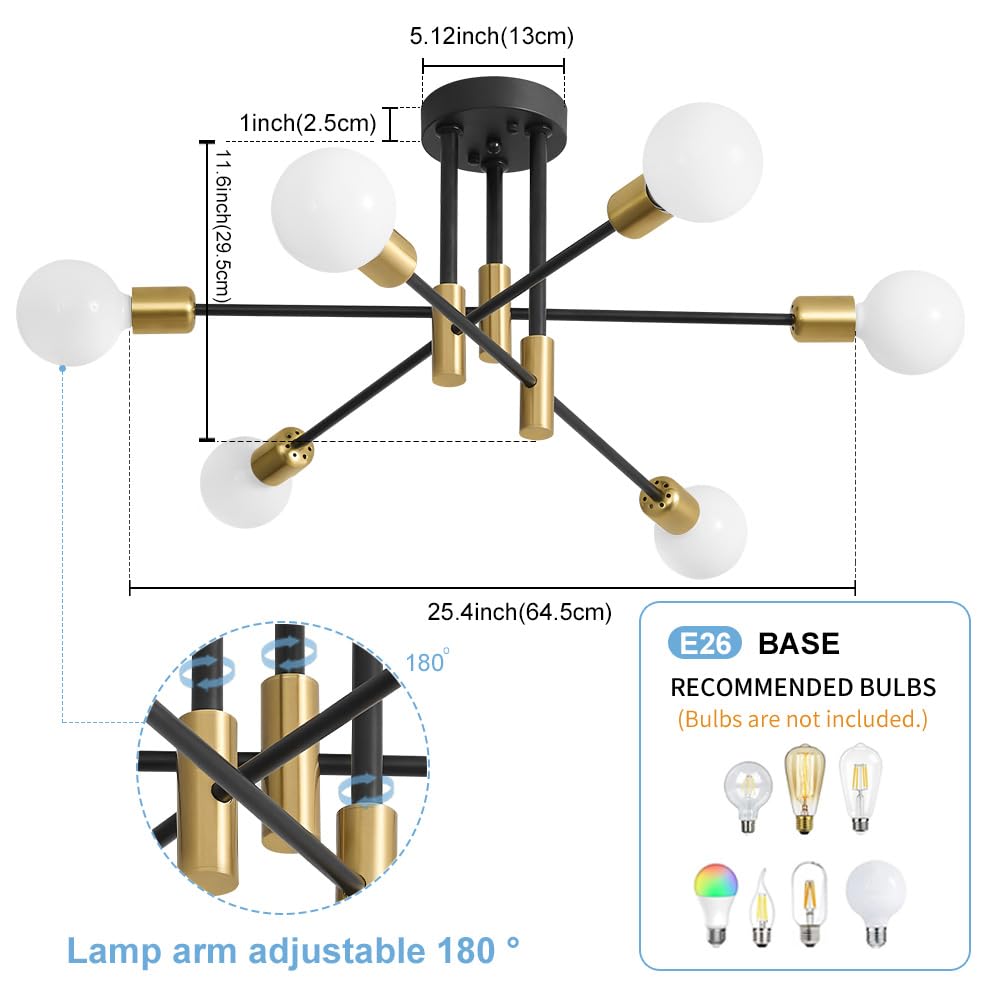 Biewalk Sputnik Chandelier, Mid Century Modern Nordic Pendant Lighting 6 Lights Ceiling Light Fixture Black And Gold Chandelier, For Living Room Kitchen Bedroom Dining Room (E26 Bulb Excluded)