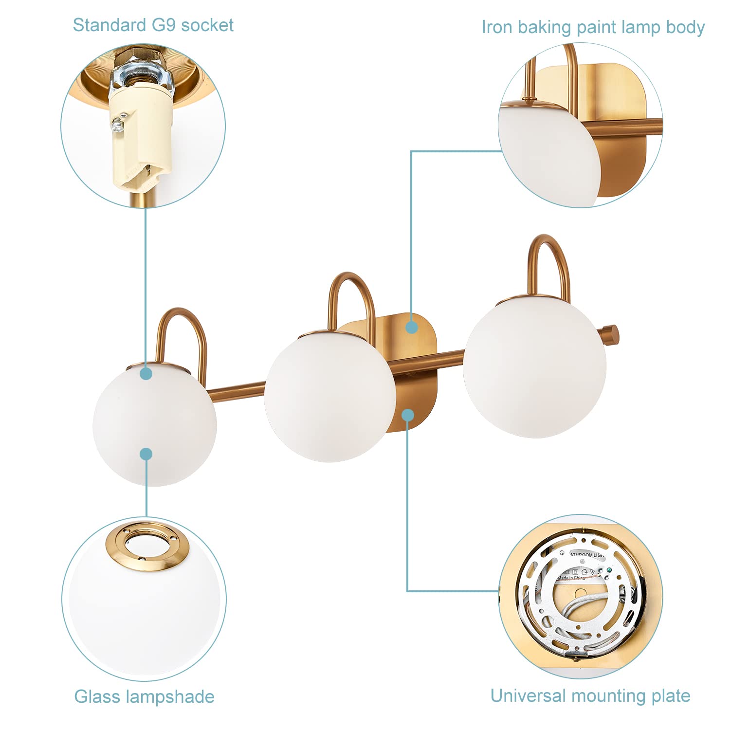 Zhuoer Modern Bathroom Vanity Light Fixtures 3 Lights Brushed Brass Frame And Milk White Glass Globe Shade Modern Wall Sconce Lighting Bath Vanity Lights Bar Over Mirror (Exclude G9 Bulb)