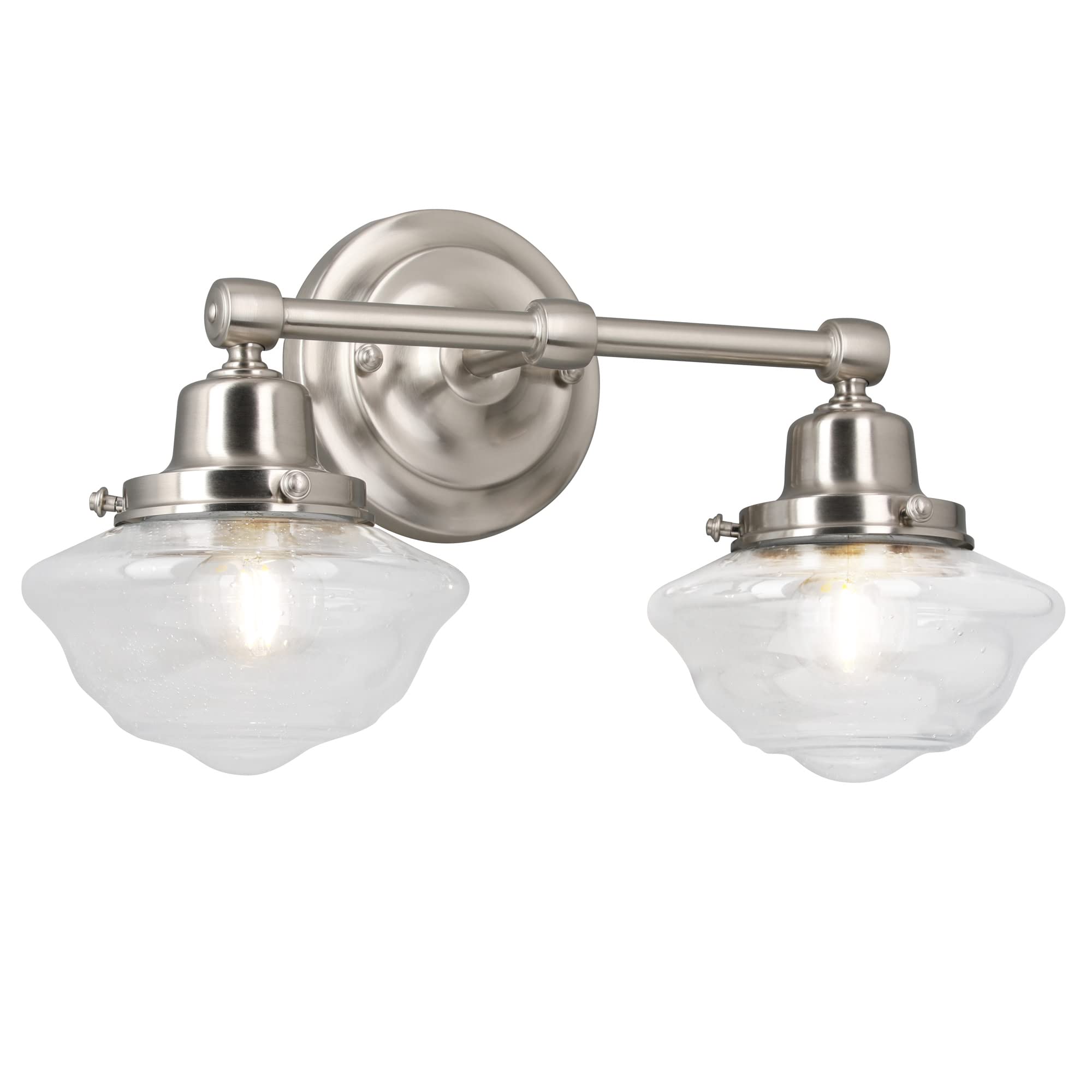 Design House Vintage-Inspired 2-Light Vanity Light, Satin Nickel, Clear Seeded Glass Shades, 16.875in x 7.625in x 9.5in, Model 589135