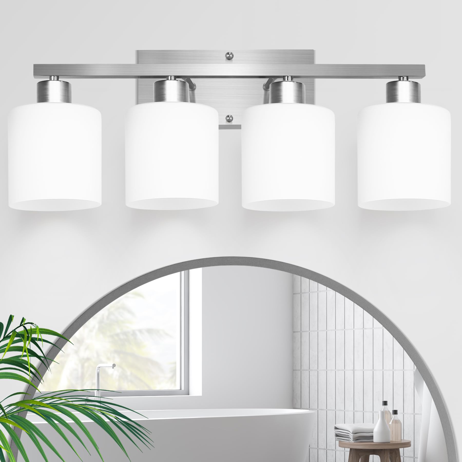 SILAMPDI 4-Light Bathroom Lighting Fixtures Over Mirror  Brushed Nickel Bathroom Vanity Light  Modern Rustproof Wall Sconce Lights  Milky White Frosted Glass Shades  E26 Base  Bulbs Not Included